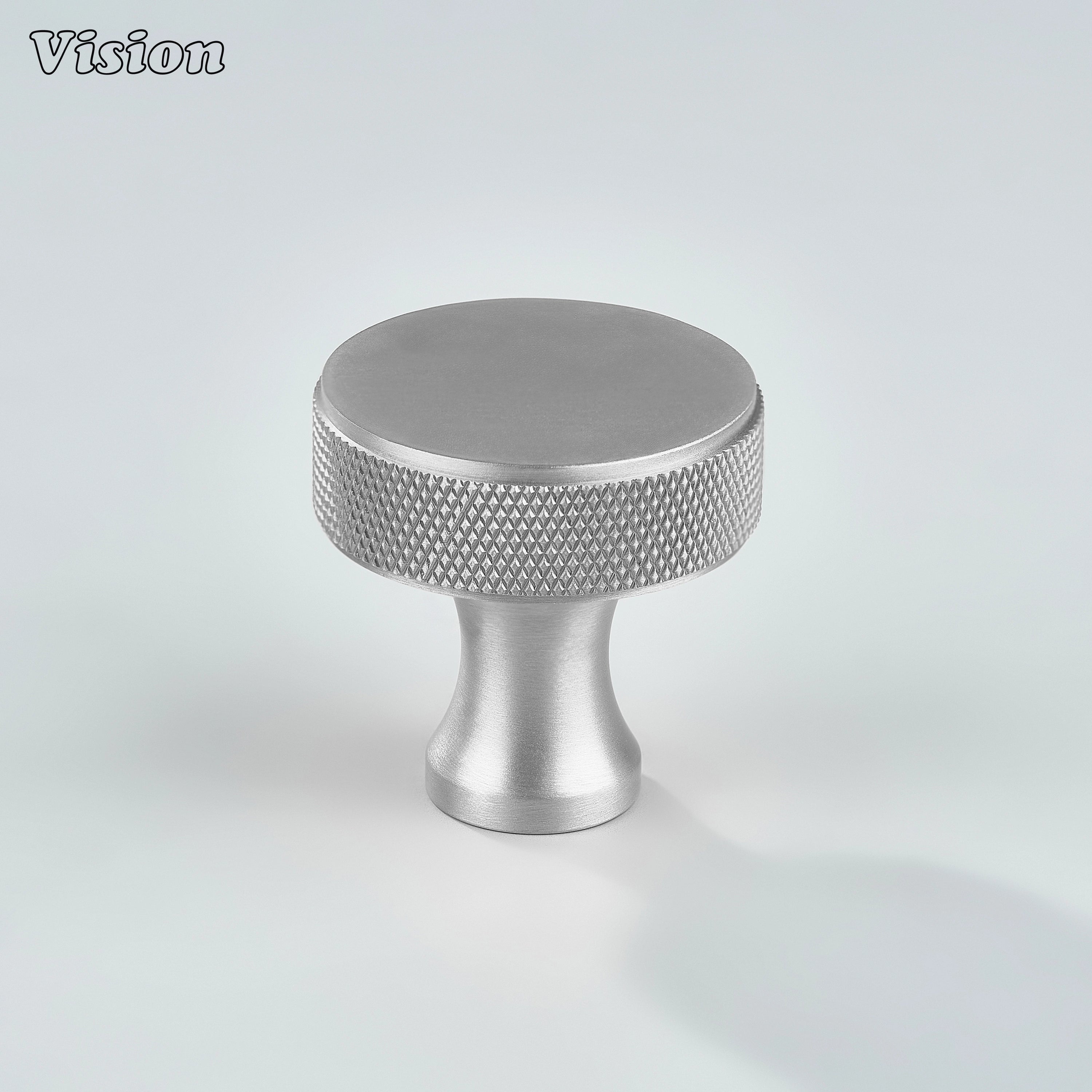 Solid brass knurled cabinet knob in Silver with circular profile for cupboards