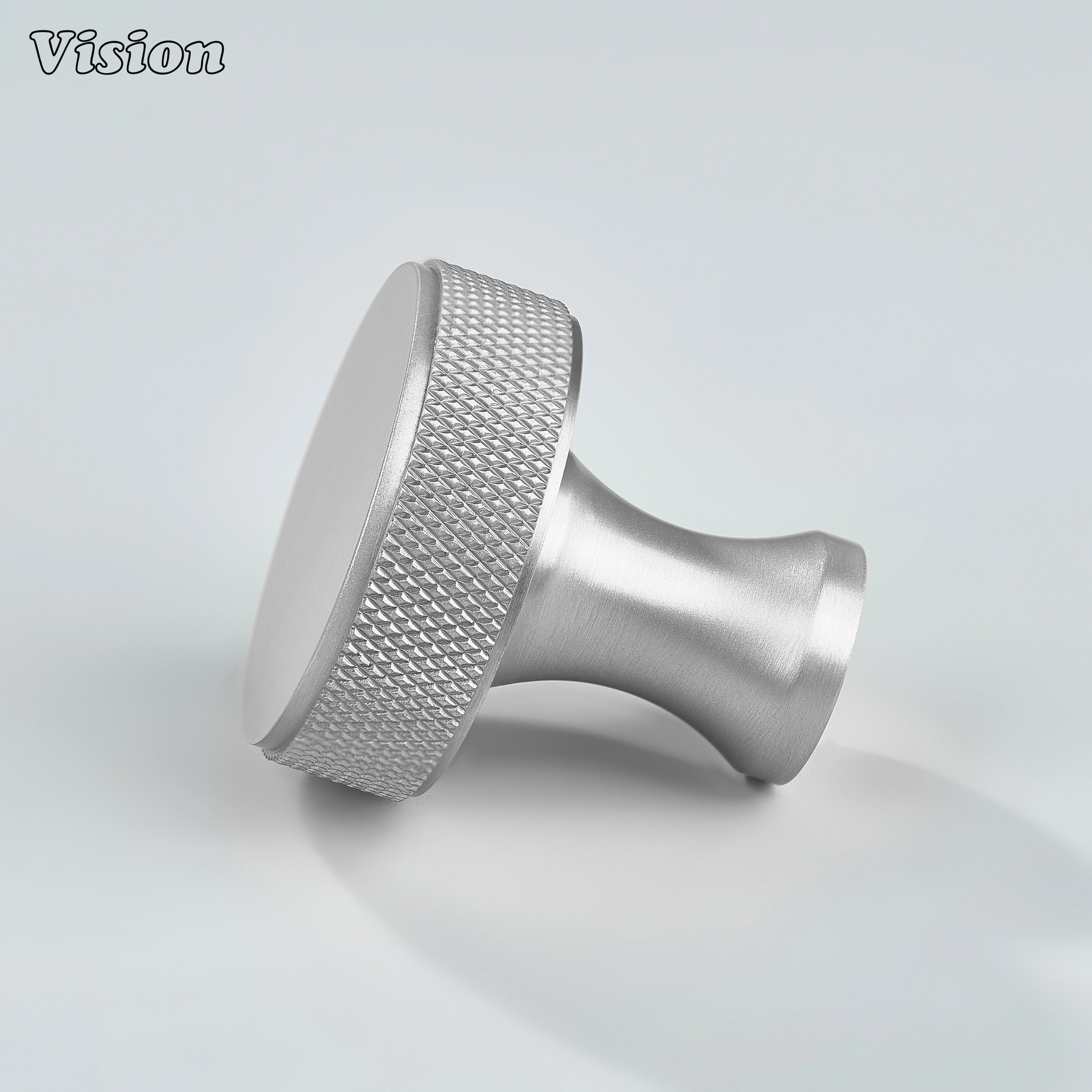 Silver finish round cabinet knob with textured edge for kitchen drawers