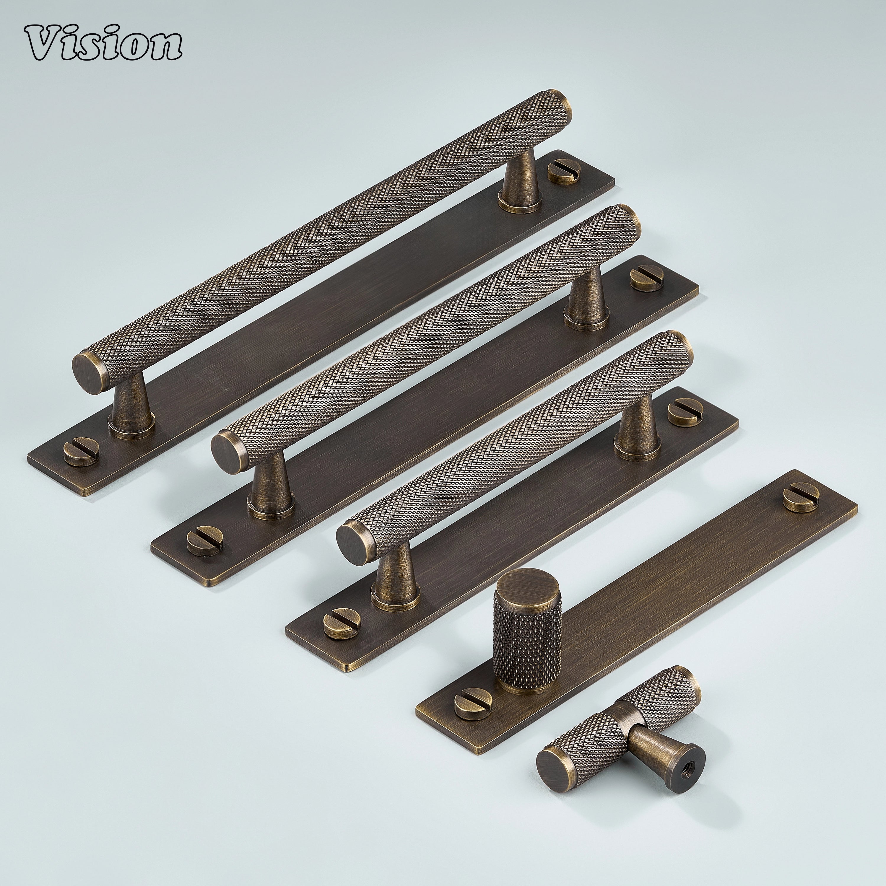 Antique Bronze knurled cabinet handle with bar design and backplate on drawers