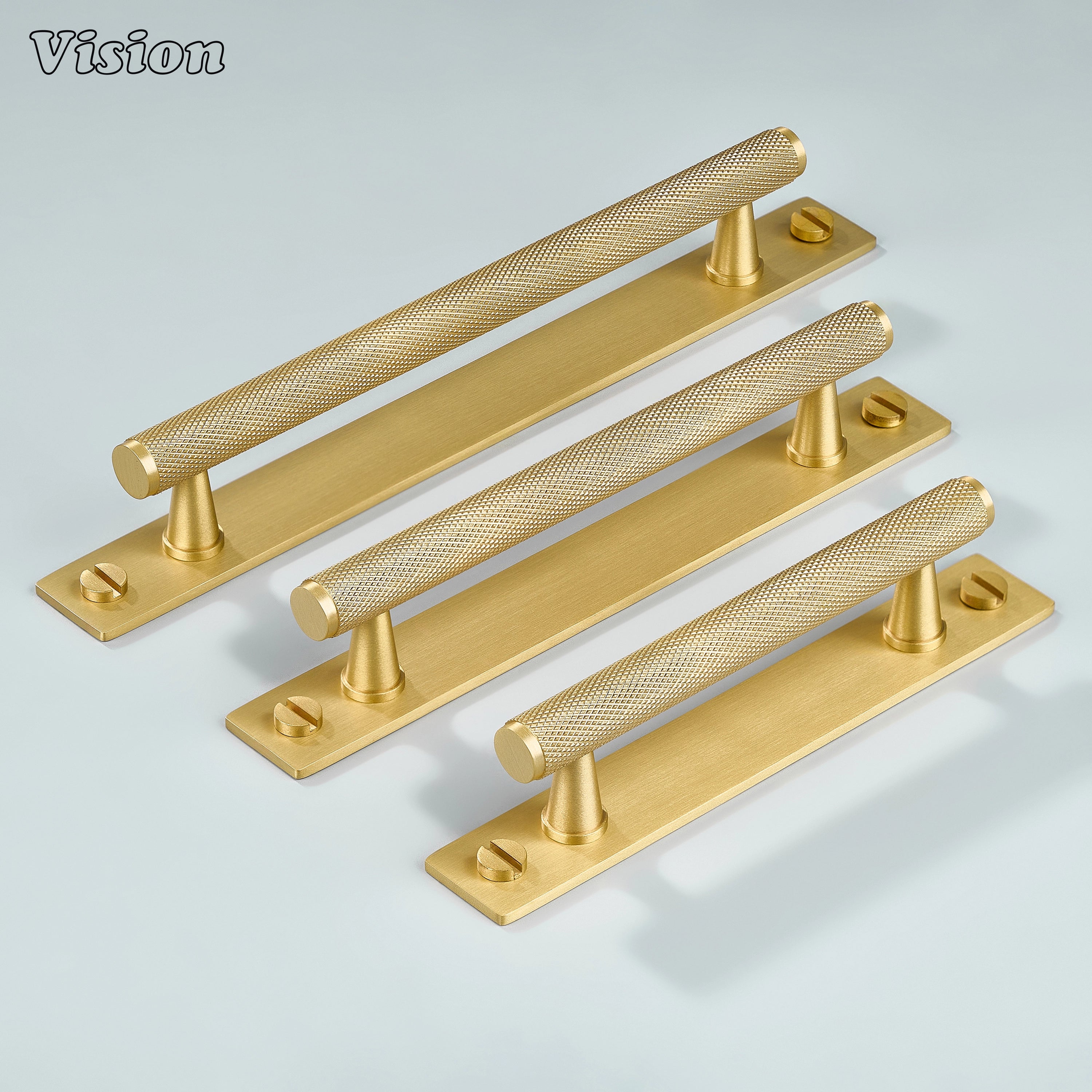 Gold knurled cabinet handle featuring bar profile and button screw on drawers