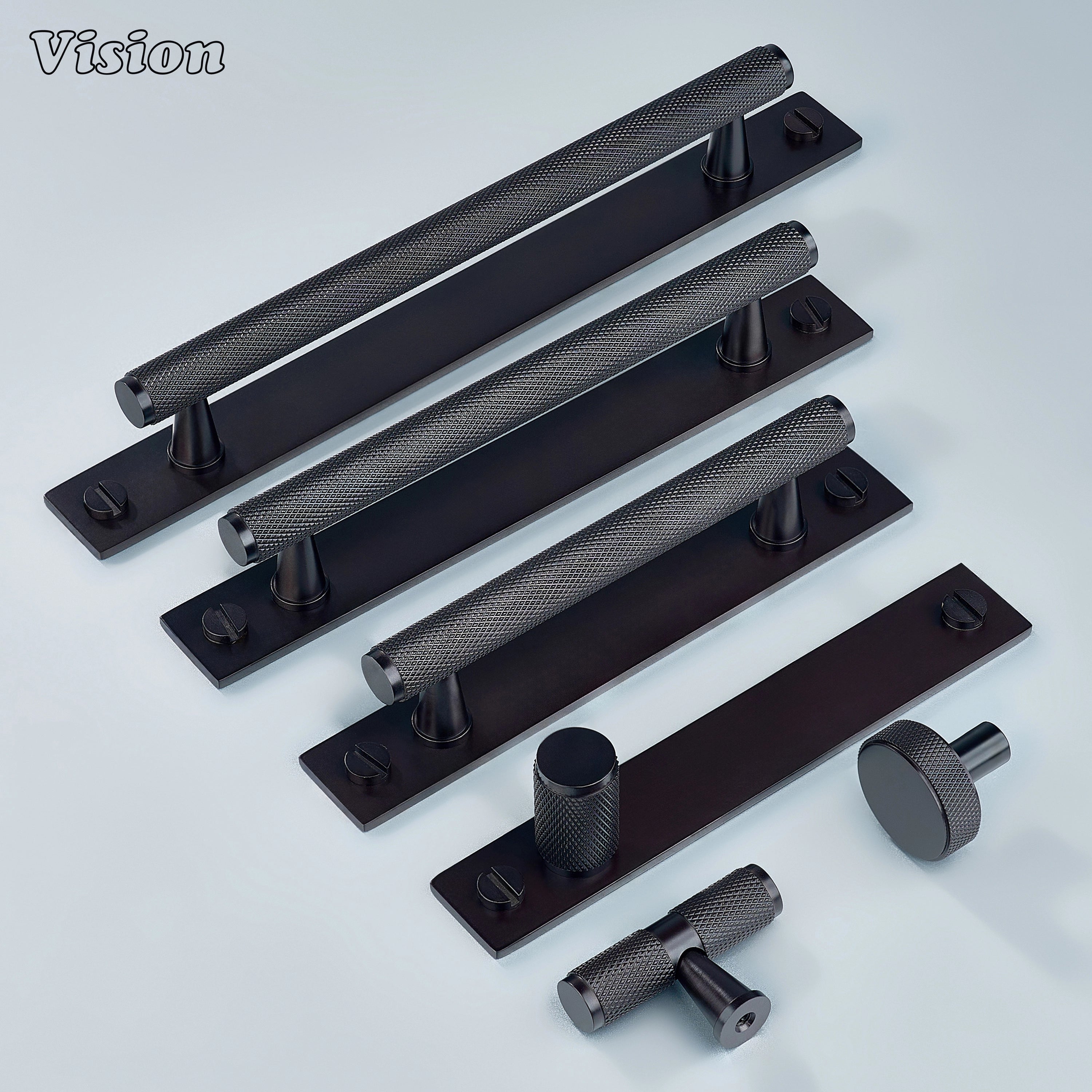 Oil Rubbed Bronze knurled cabinet handle with bar profile on drawers