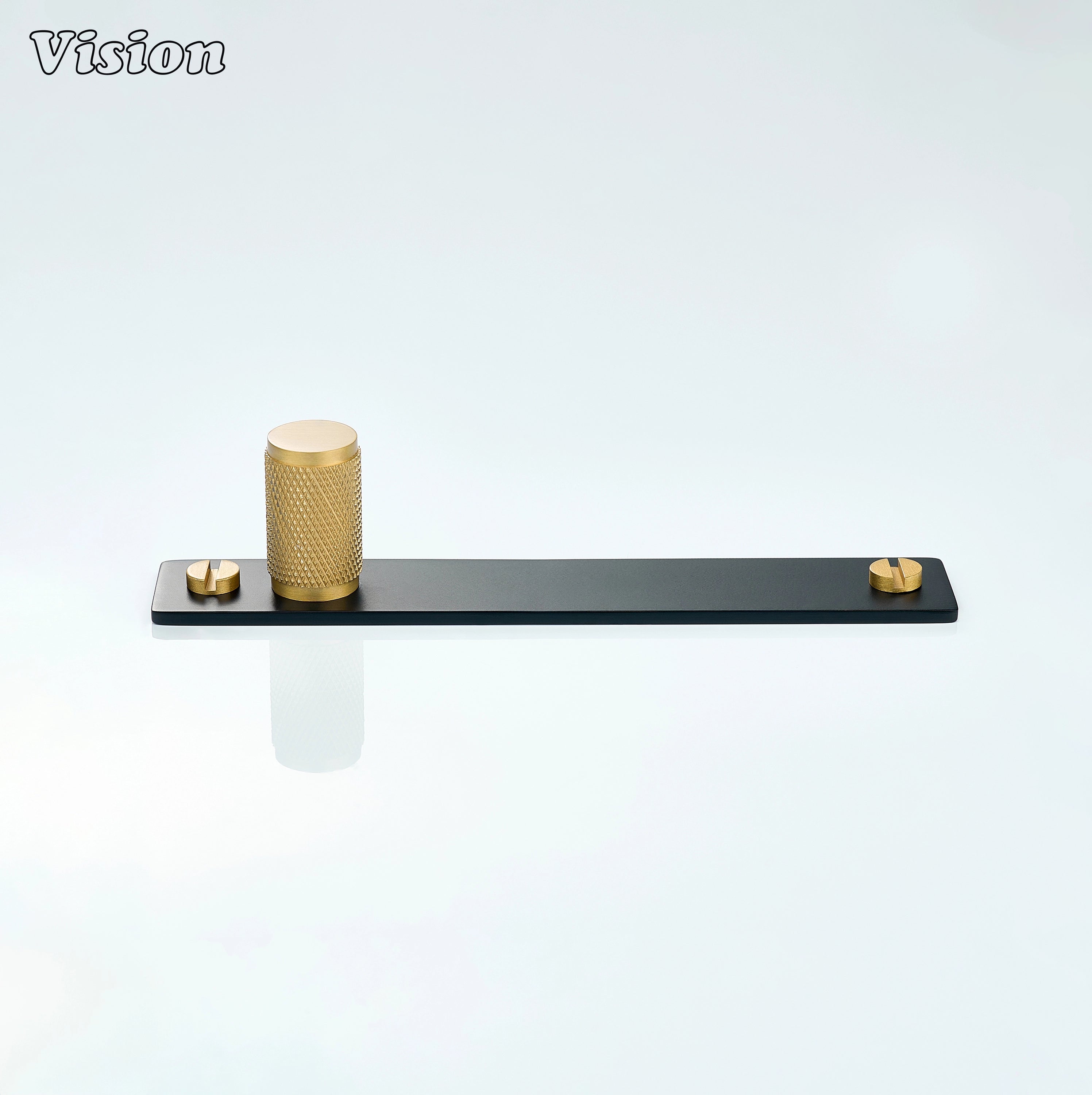 Gold and Black cabinet knob with diamond knurled cylindrical profile on rectangular backplate for cupboards