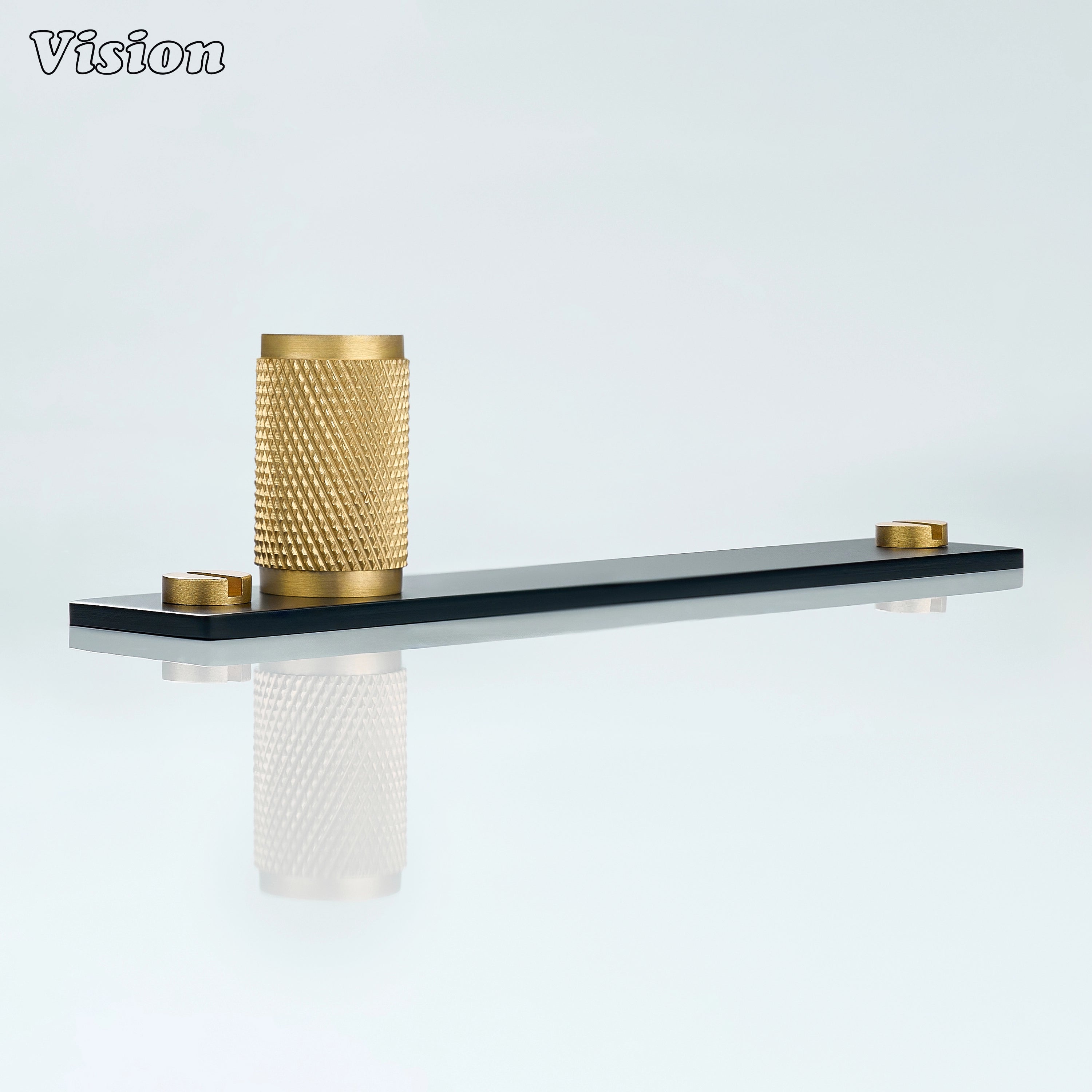 Gold and Black knurled cabinet knob combining round brass grip and black backplate for storage cabinets