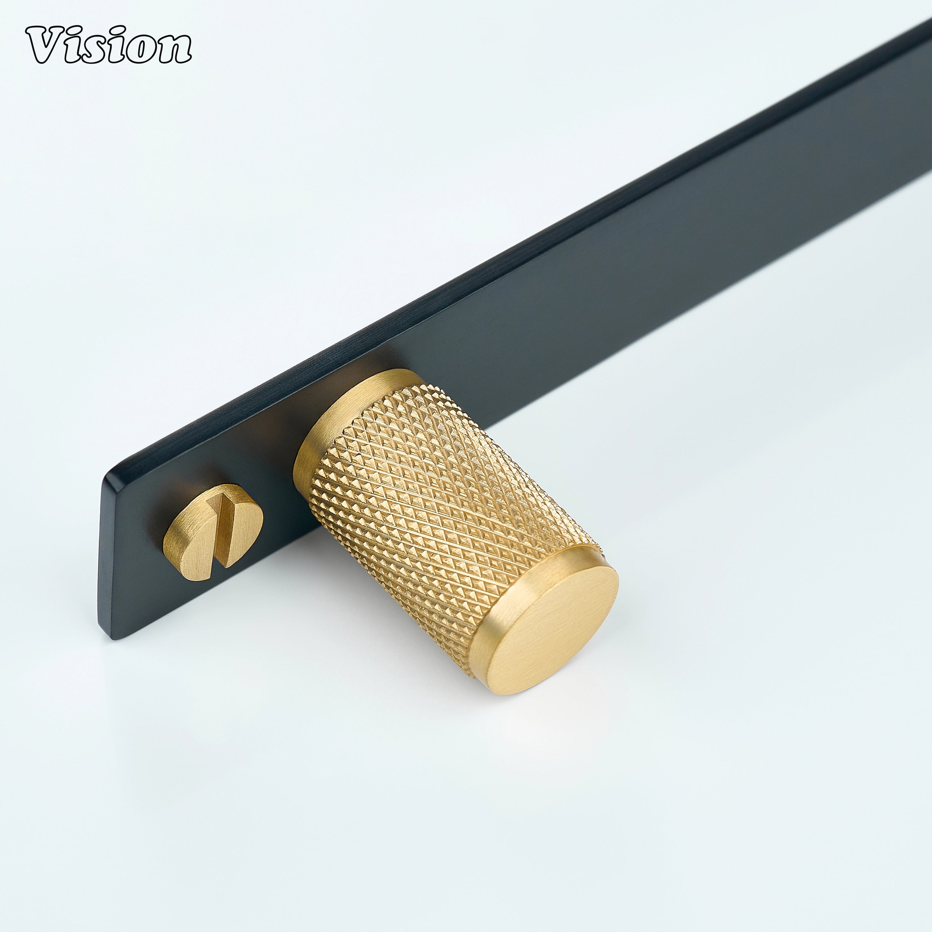 Gold and Black cabinet knob with cylindrical knurled design and slim backplate for bedroom wardrobes
