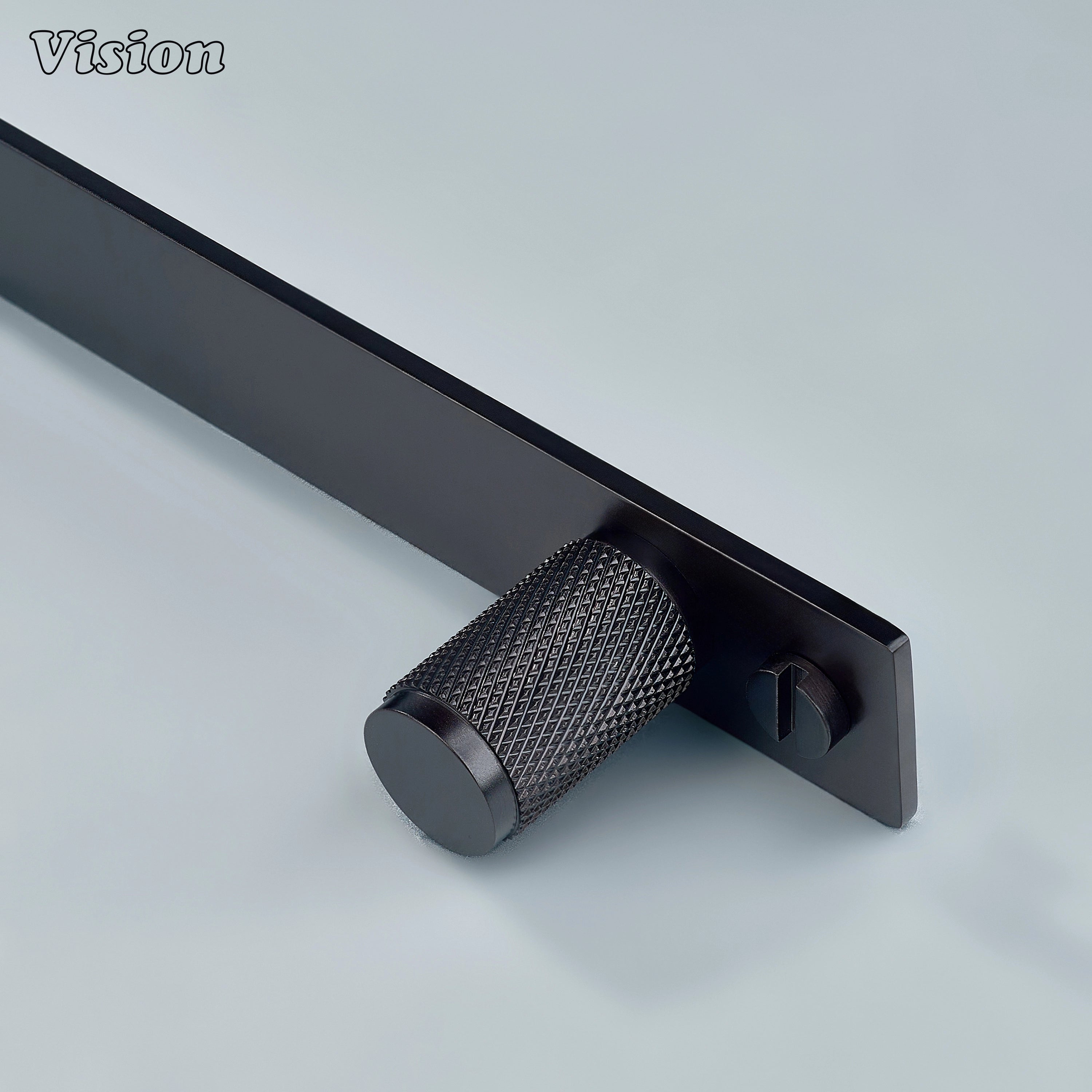 Oil Rubbed Bronze knurled cabinet knob on rectangular backplate for storage cabinetry