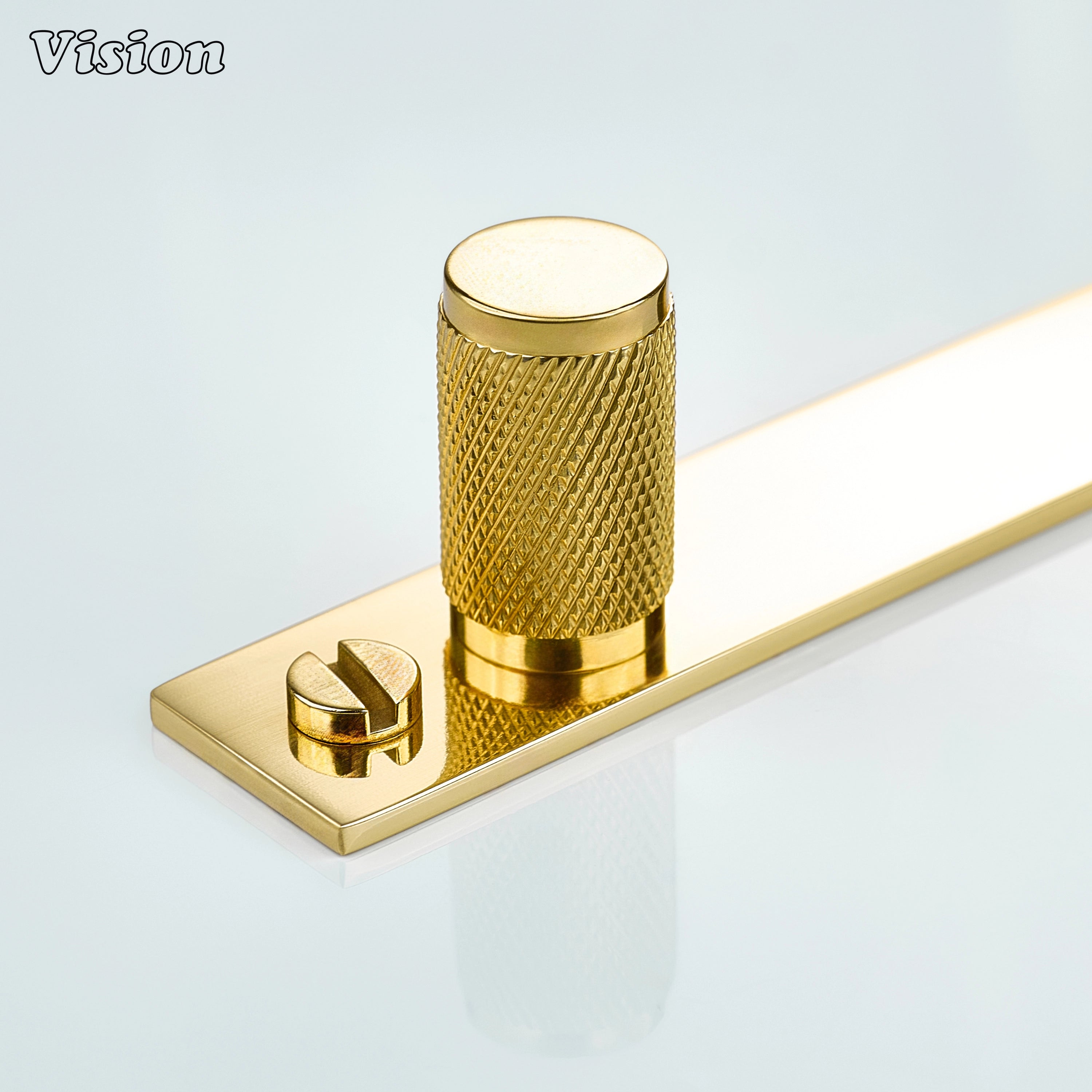 Polished Brass lacquered knurled cabinet knob with cylindrical profile and rectangular backplate for kitchen cabinets