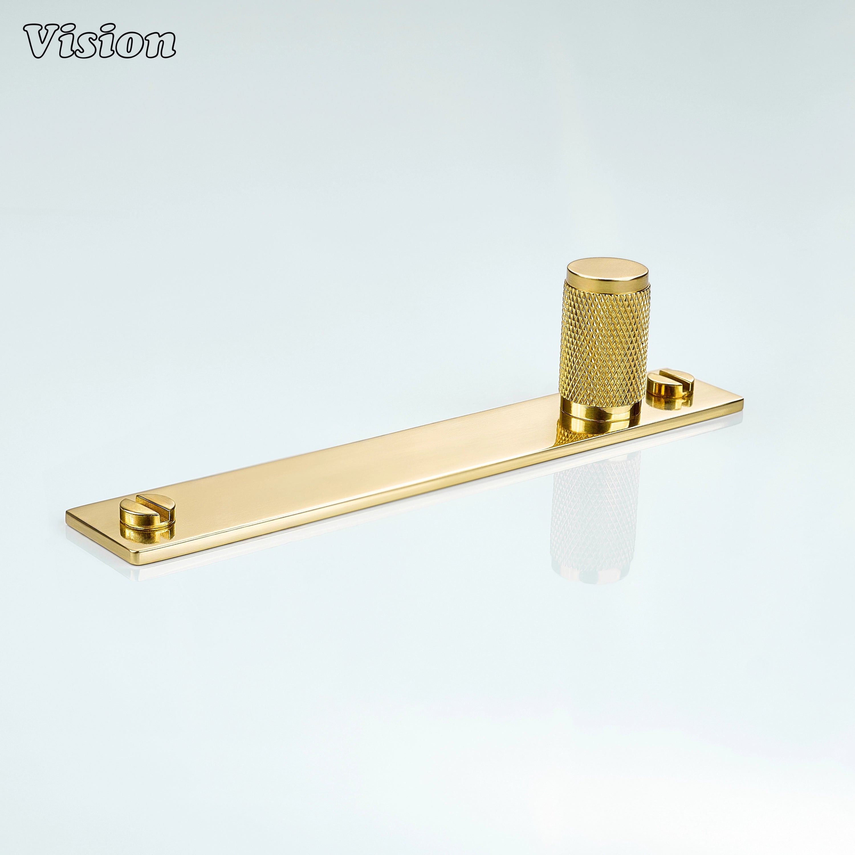 Polished Brass lacquered cabinet knob with diamond knurled cylinder mounted on backplate for cupboards