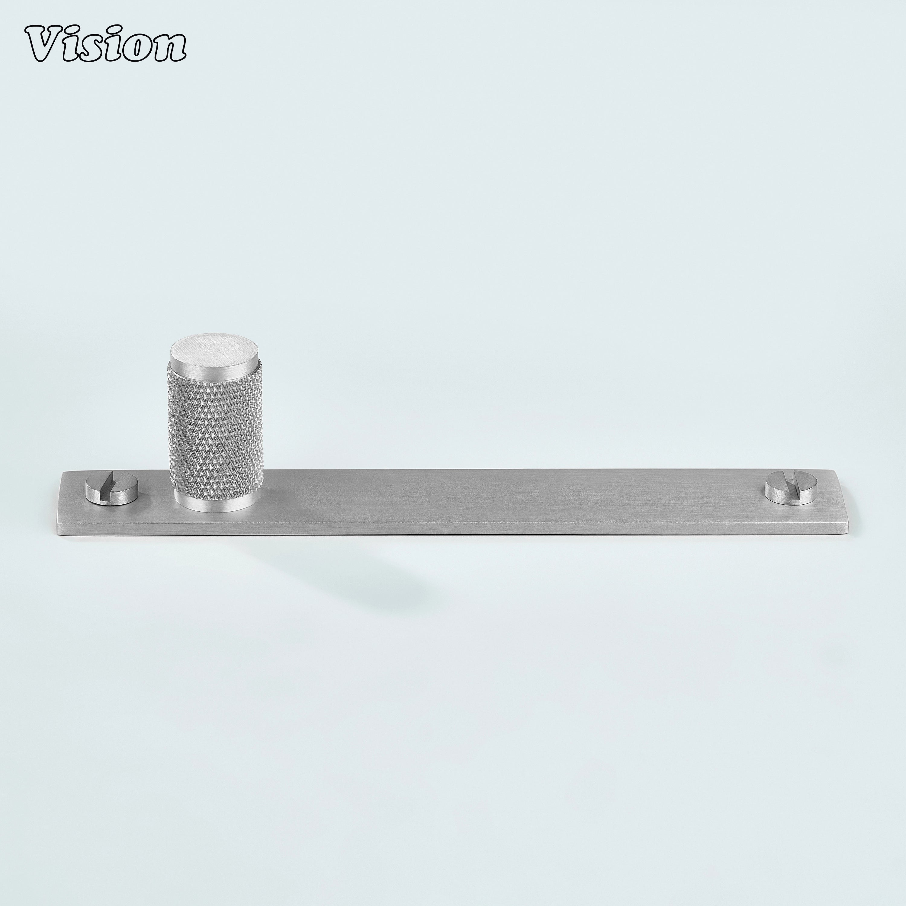 Silver knurled cabinet knob mounted on slim backplate for cupboard doors
