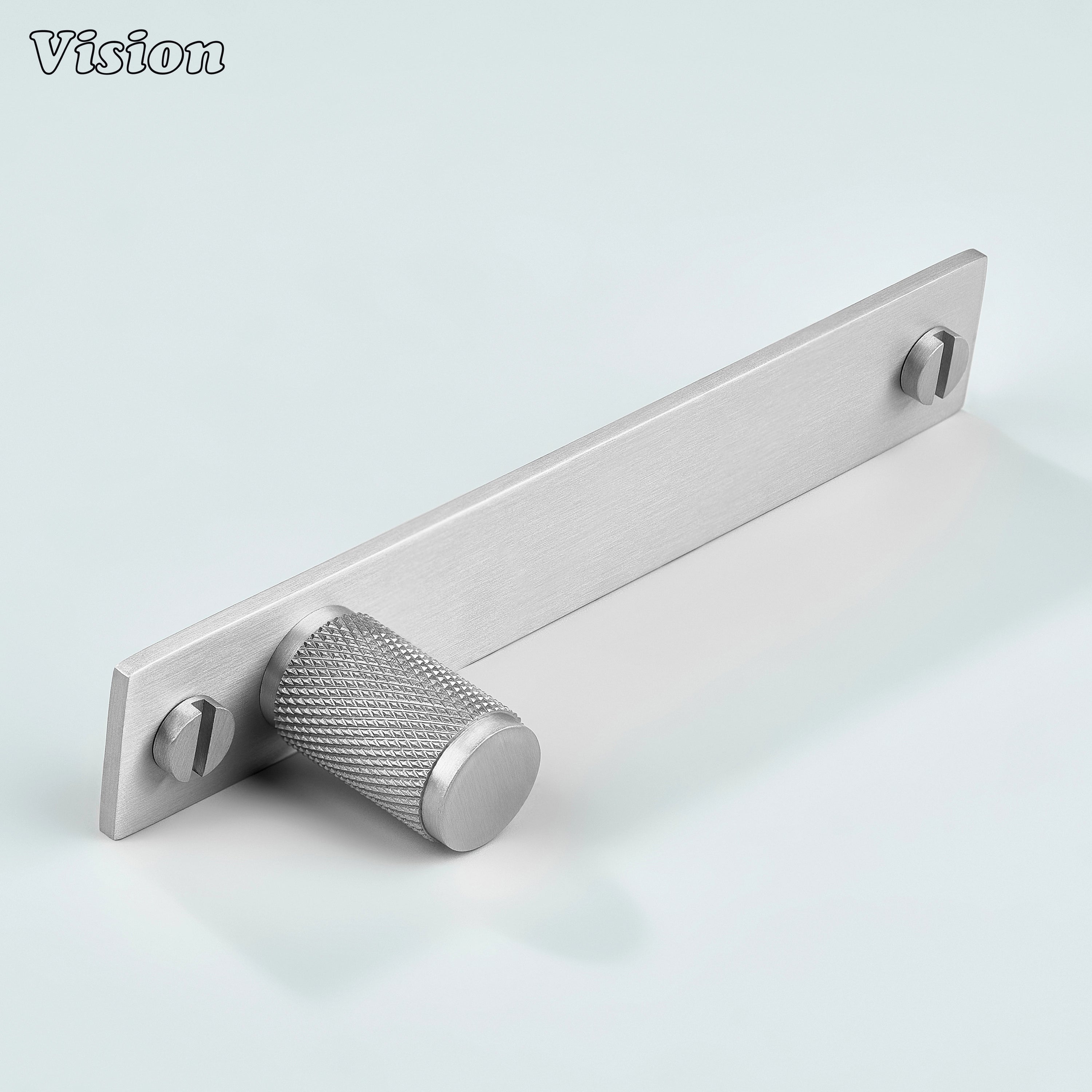 Silver cabinet knob with cylindrical knurled form for bedroom wardrobes