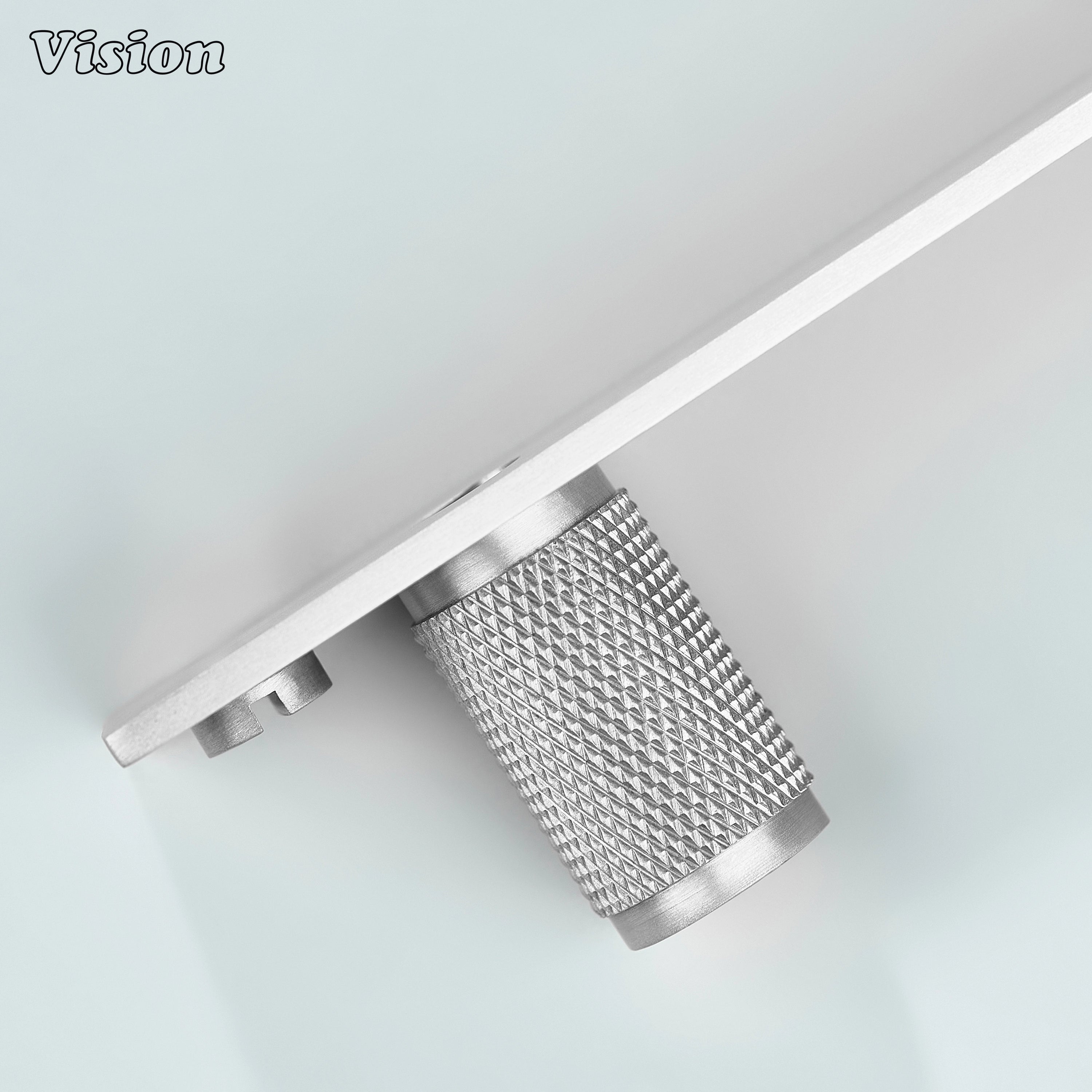 Silver cabinet knob with knurled cylinder and rectangular base for cabinetry