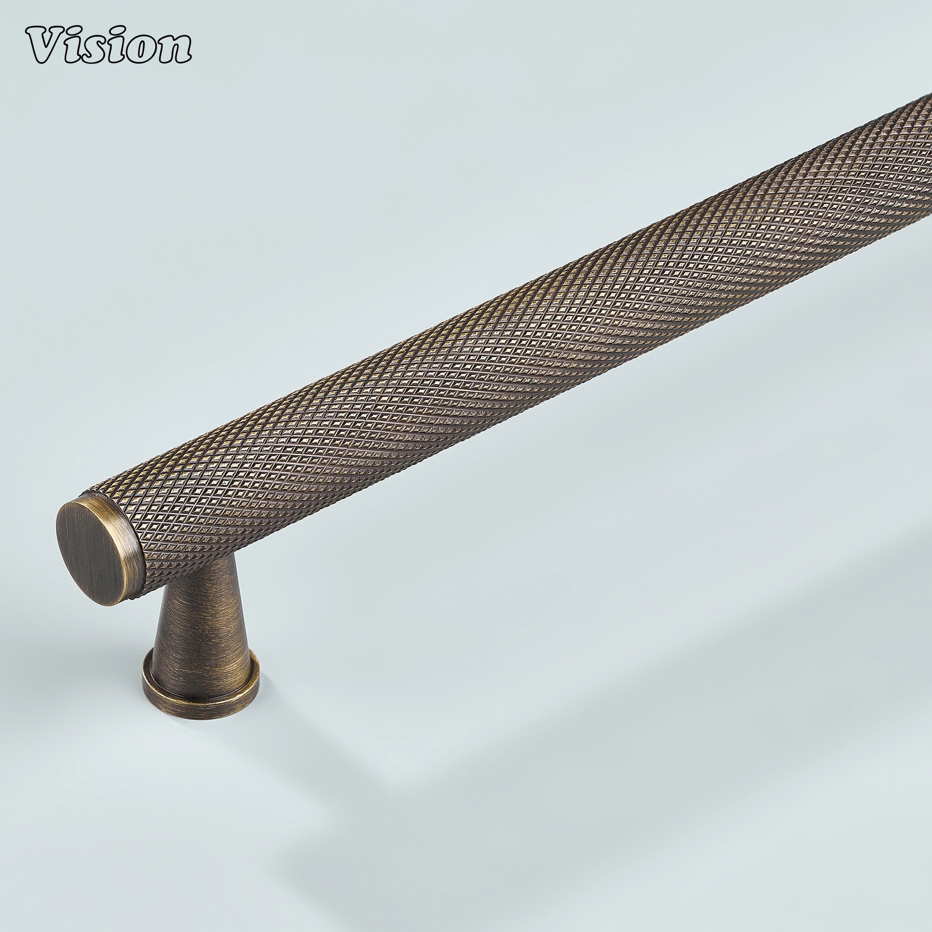 Antique bronze knurled cabinet handle with cone legs for kitchens.
