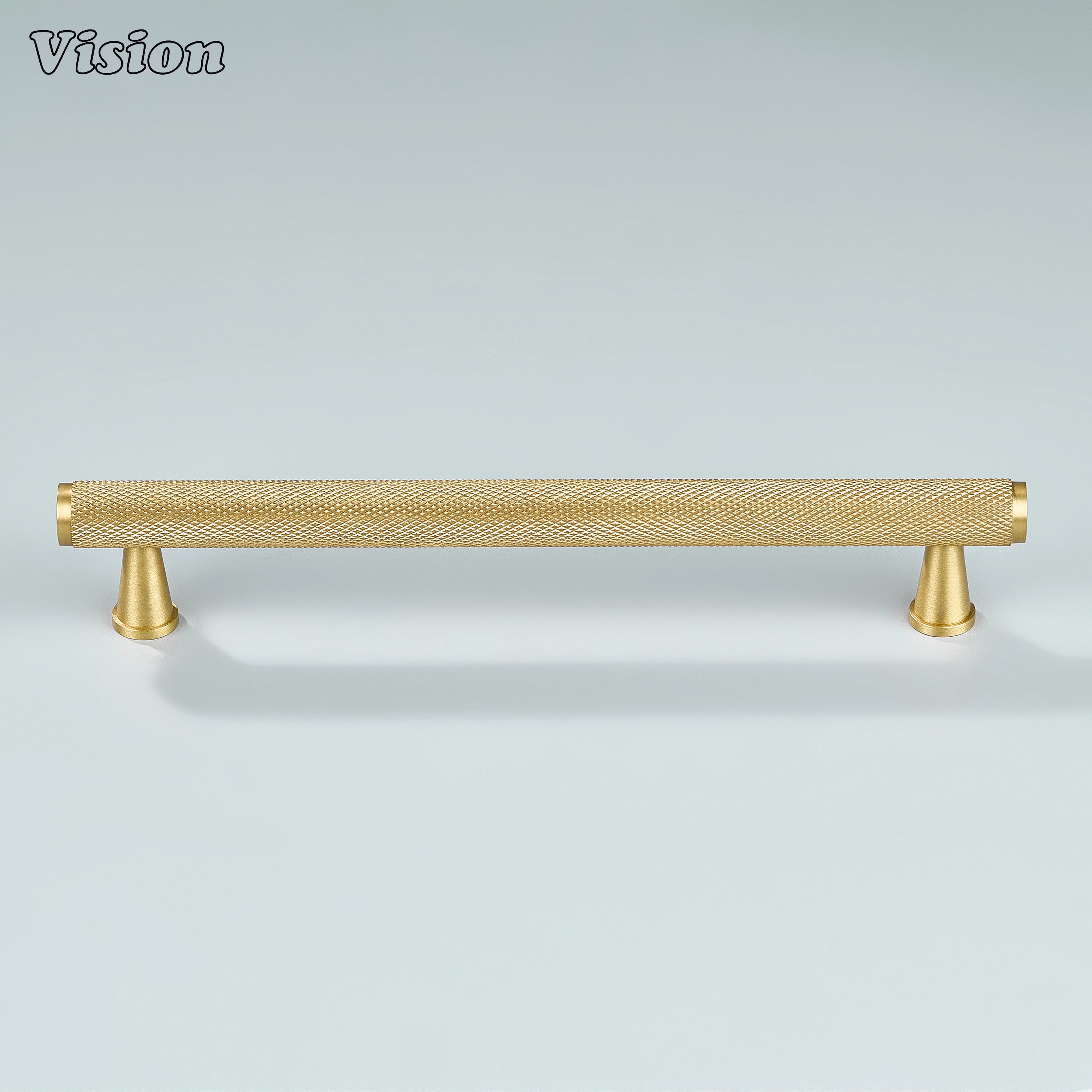 Gold knurled brass handle for cupboards and storage units.