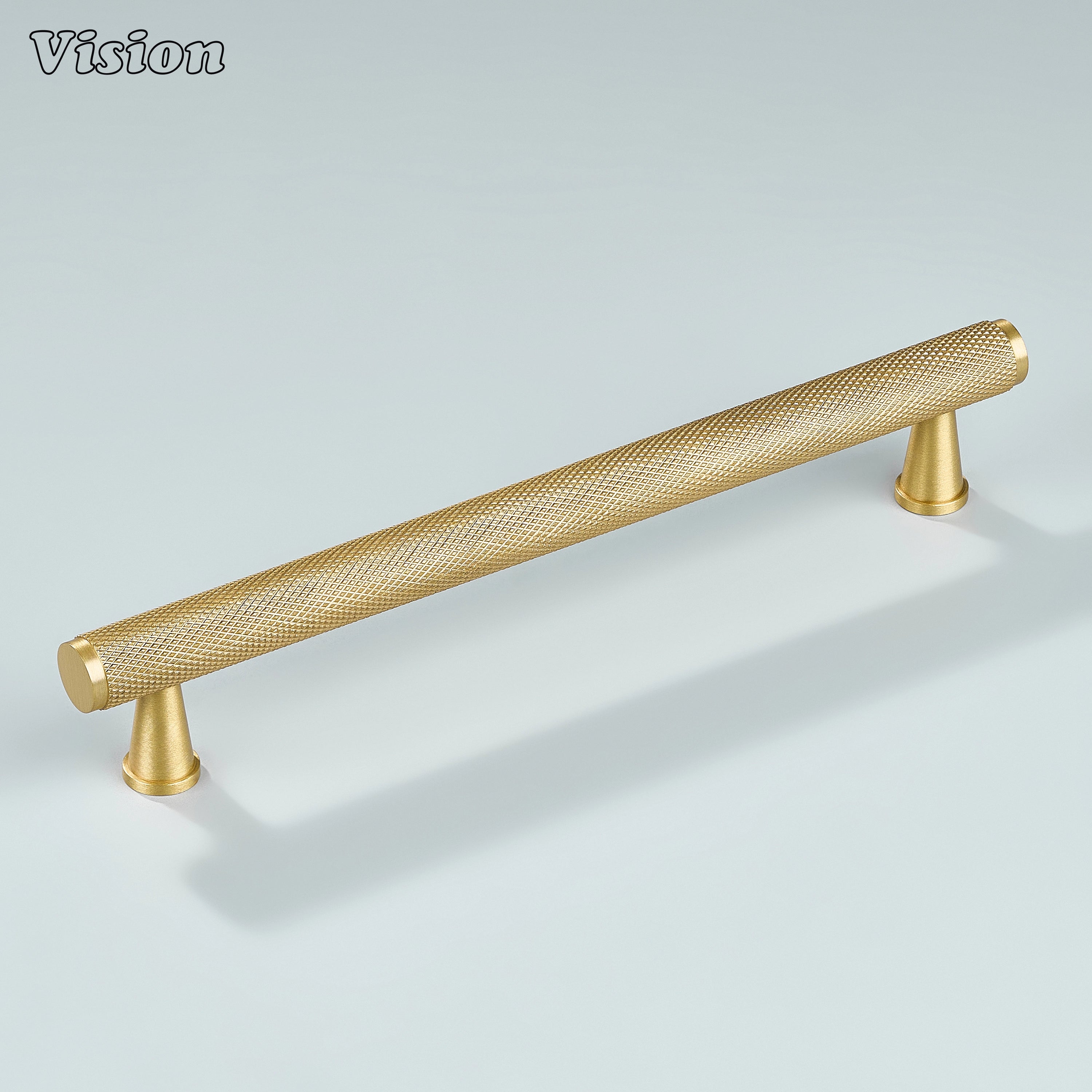 Gold modern knurled handle used on closet cabinetry.