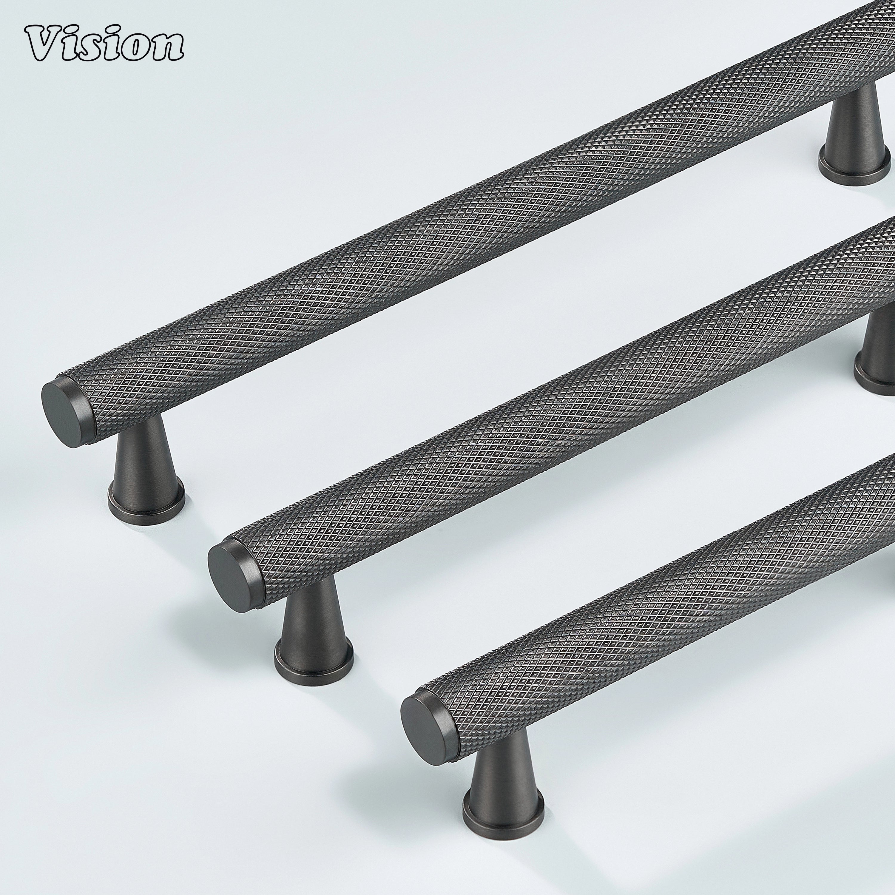 Gunmetal textured knurled handle for dresser drawers.
