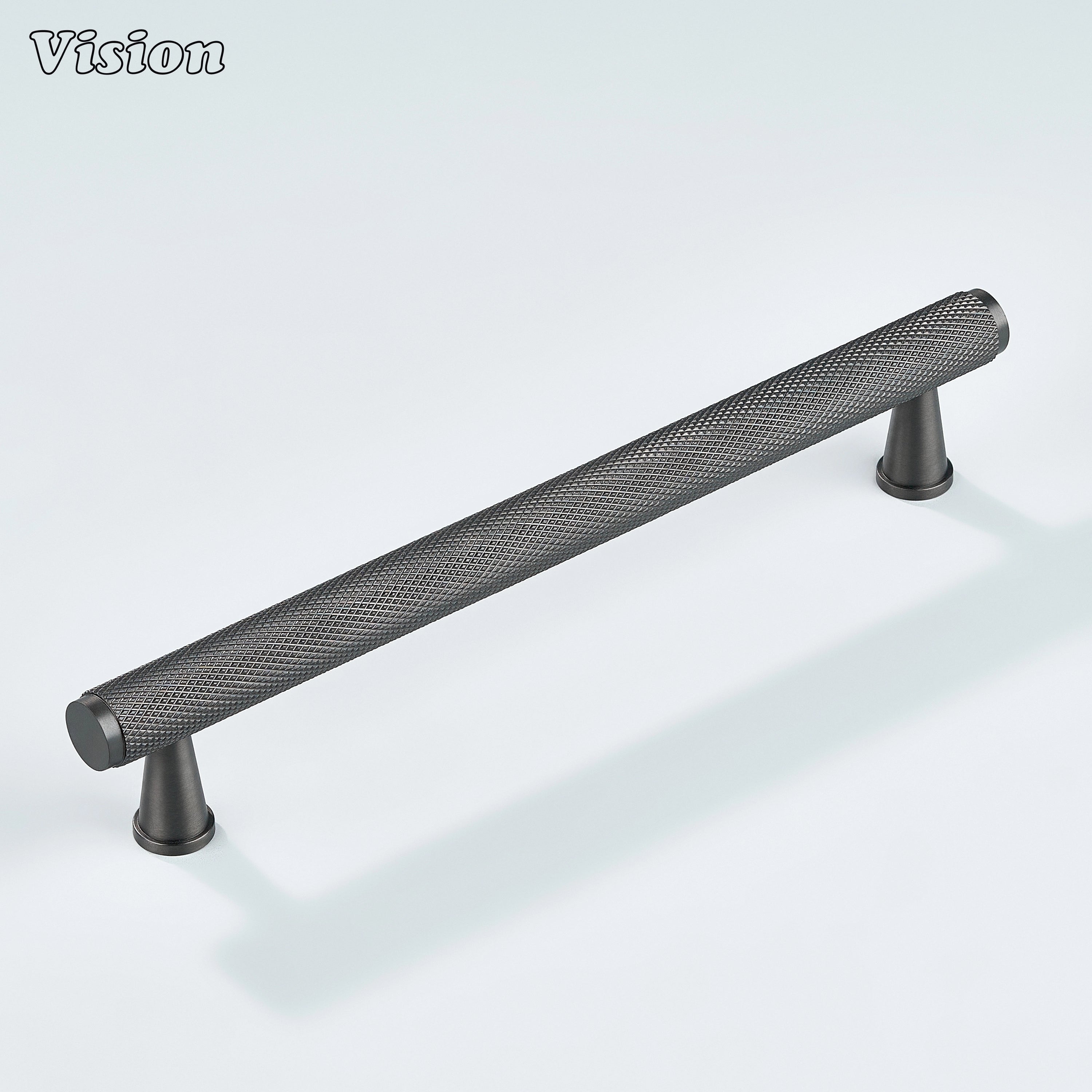 Gunmetal knurled handle mounted on closet cabinets.