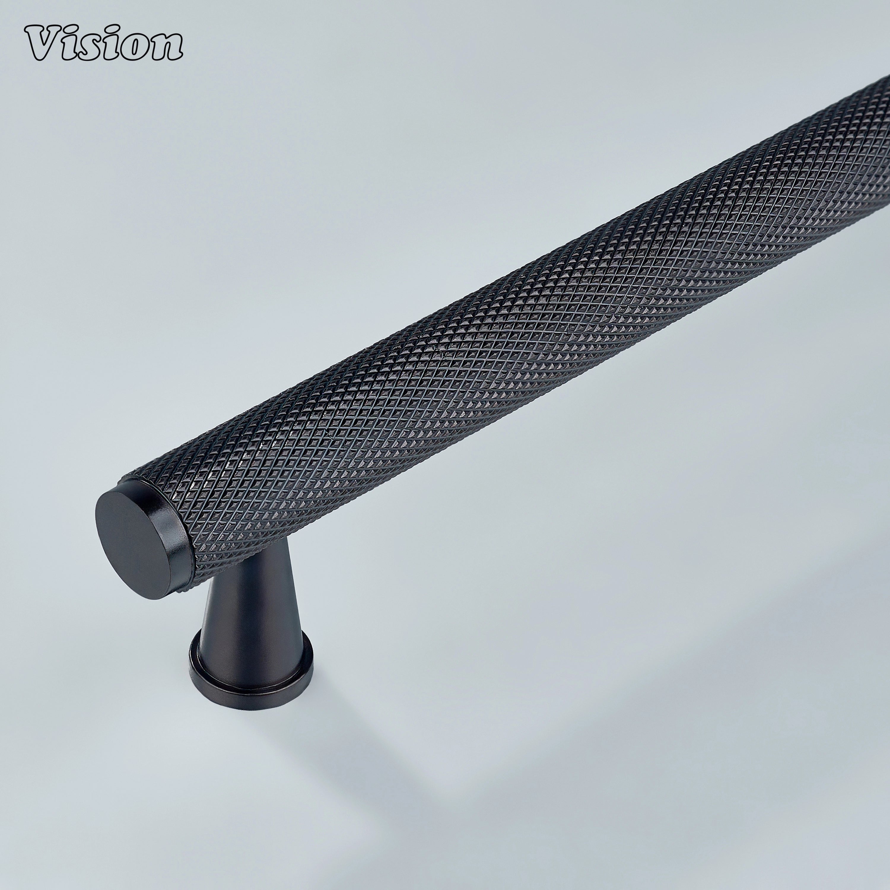 Oil rubbed bronze knurled cabinet handle with cone legs for kitchens.