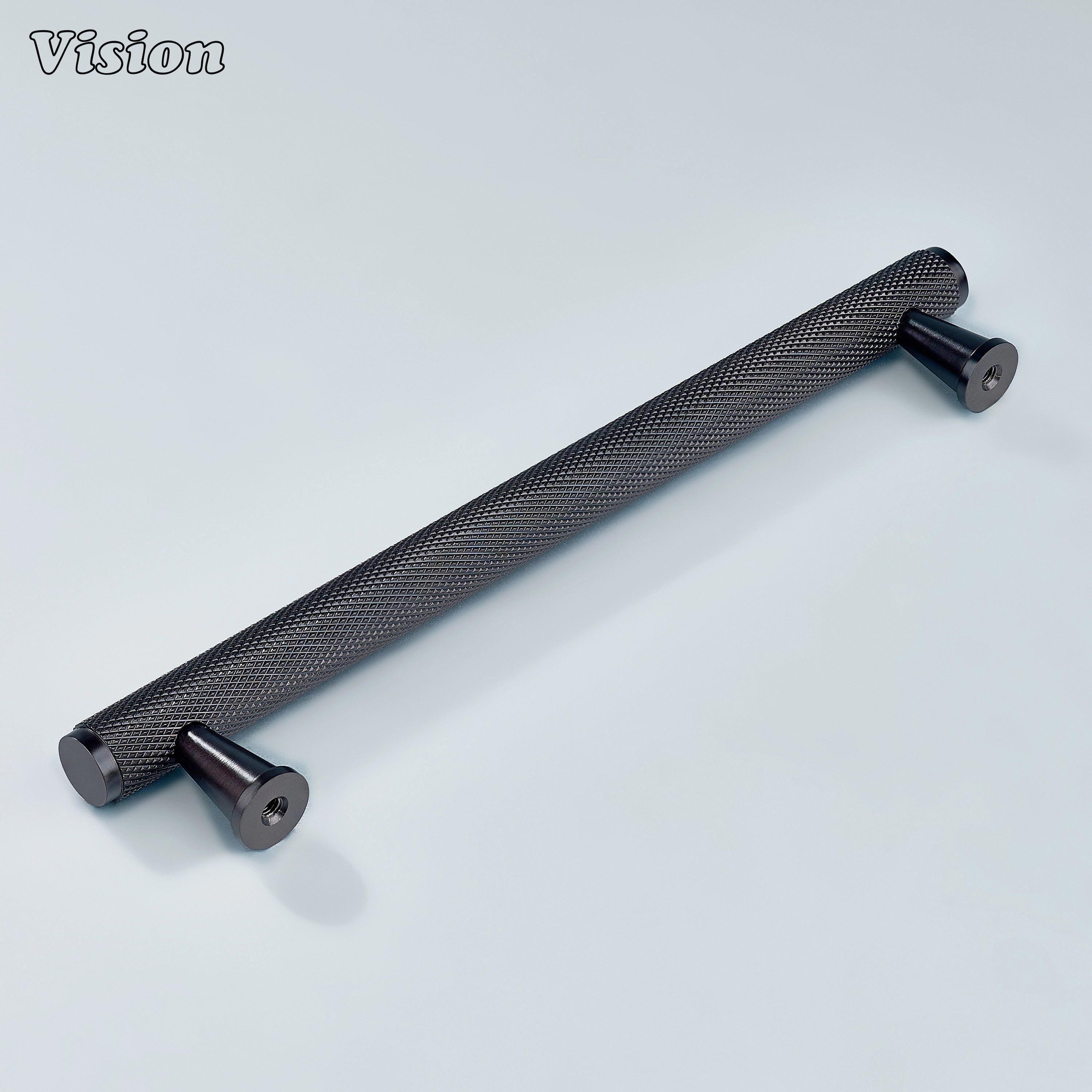Oil rubbed bronze knurled hardware for bathroom cabinets.