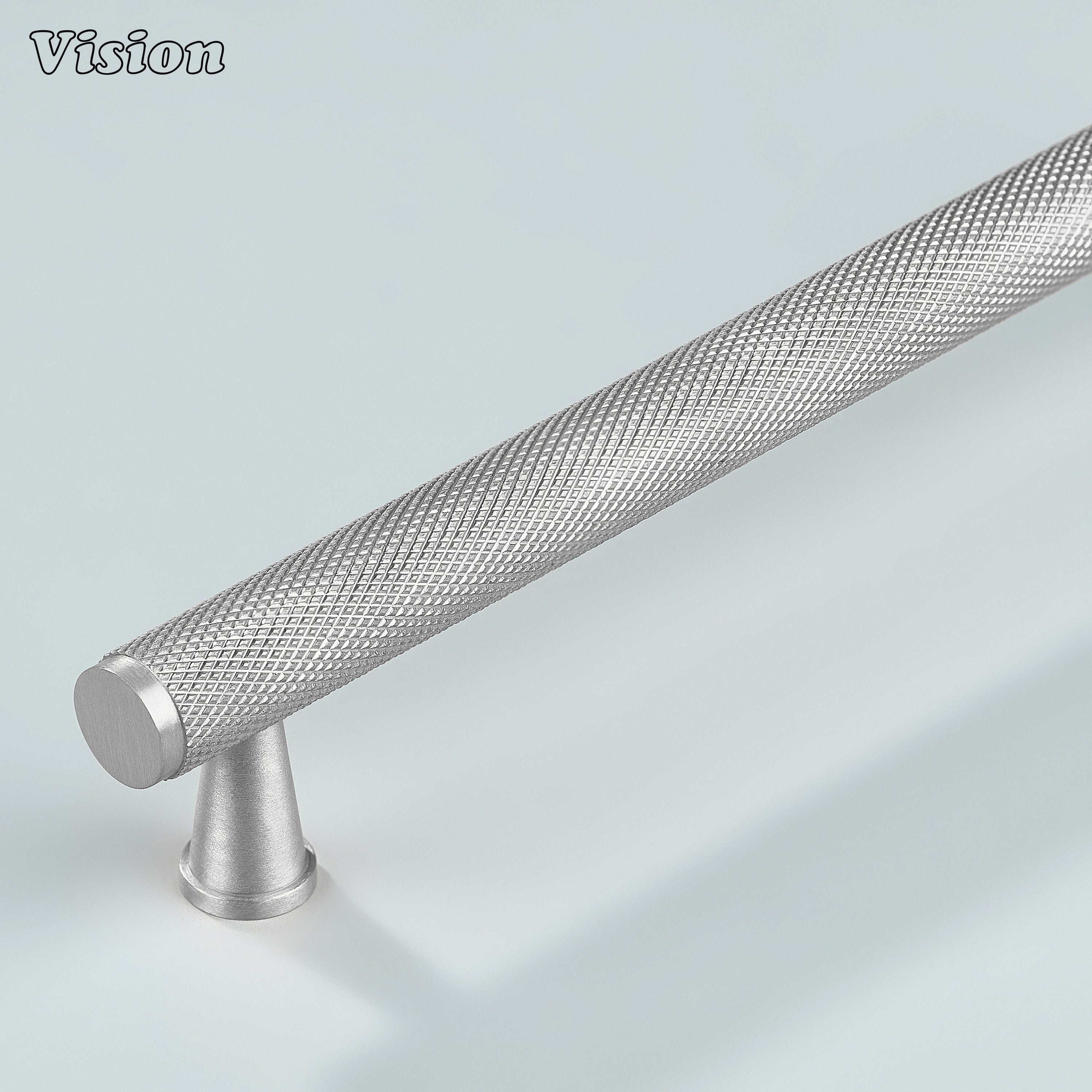 Silver knurled cabinet handle with cone legs for kitchens.