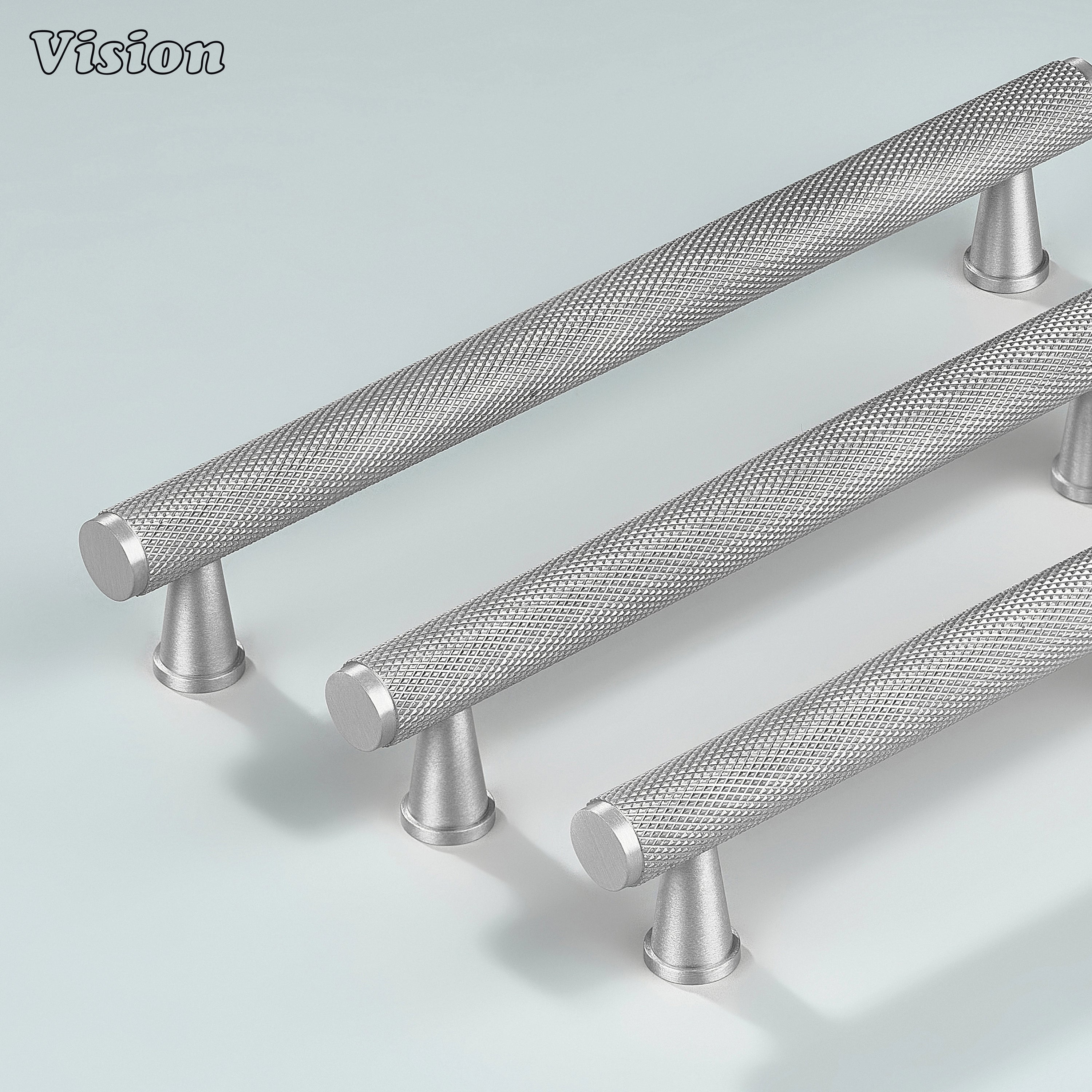Silver textured knurled handle for dresser drawers.