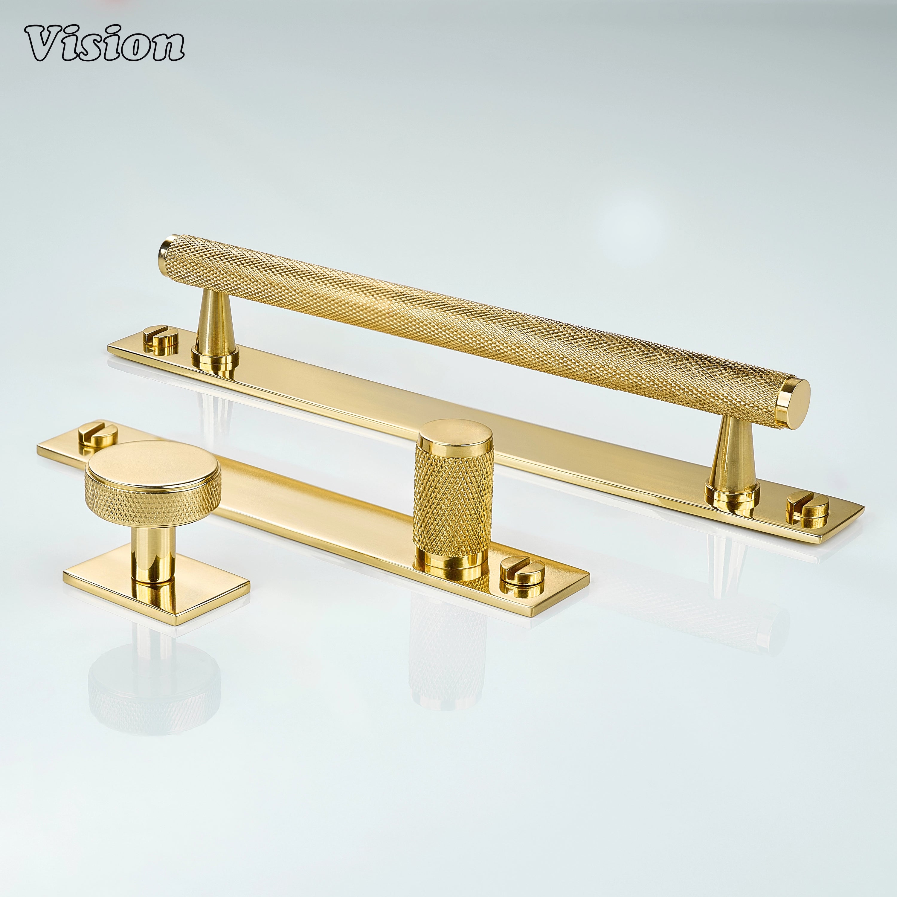 Polished Brass (Lacquered) knurled cabinet handle with bar profile and backplate on drawers