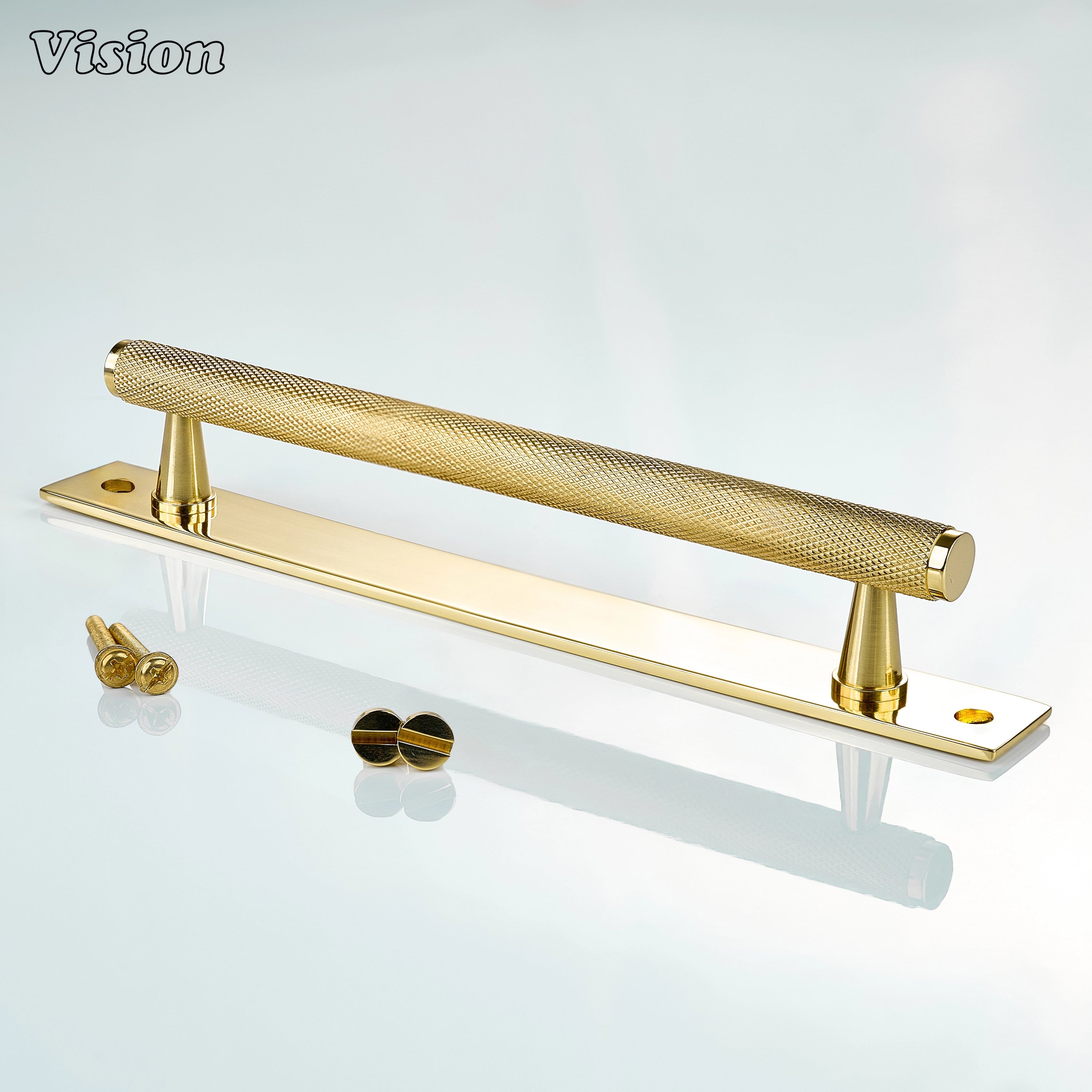 Polished Brass (Lacquered) cabinet handle showing knurled bar and button screw detail