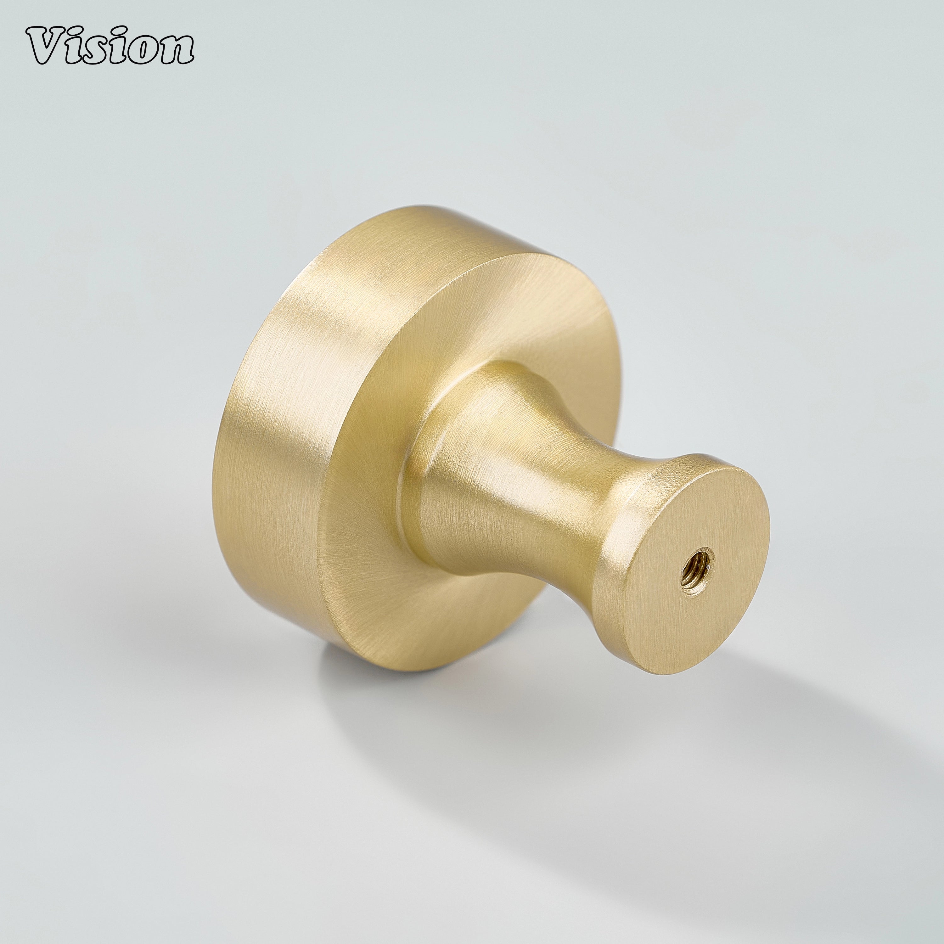 Gold round cabinet knob in plain brass design with curved base for dresser drawers