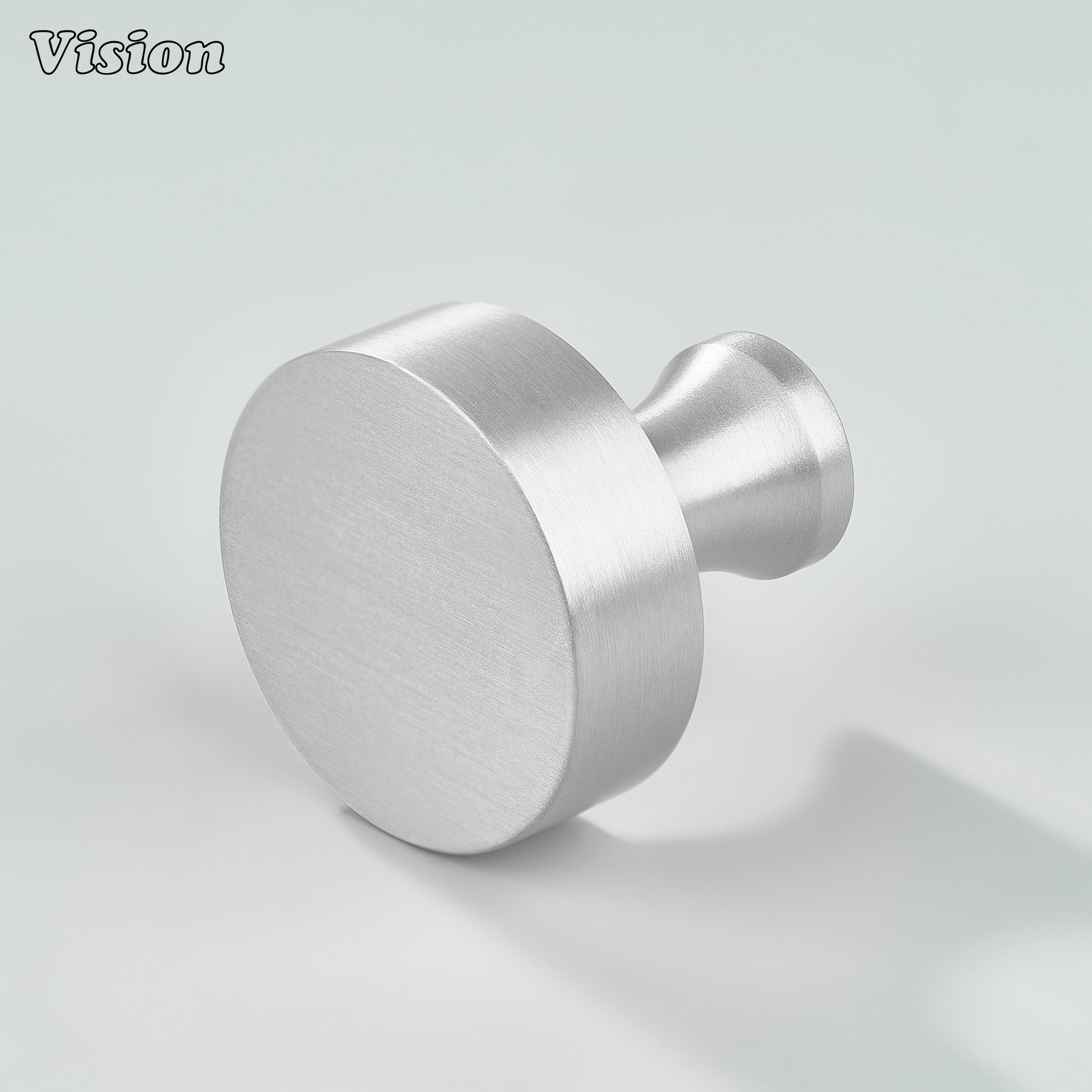 Silver plain round cabinet knob with flat face and curved stem for cabinets