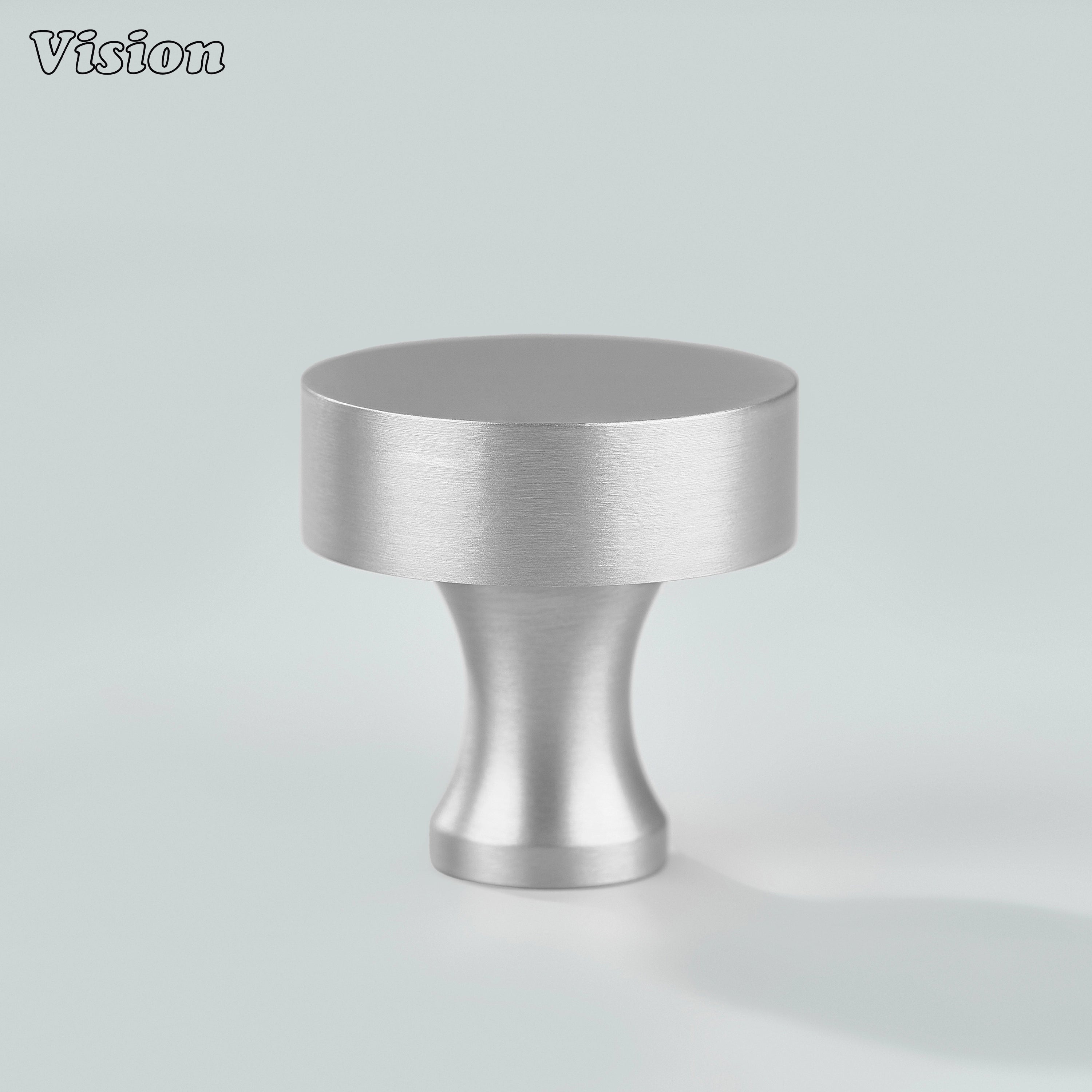 Silver plain round cabinet knob with flat face and curved stem for cabinets
