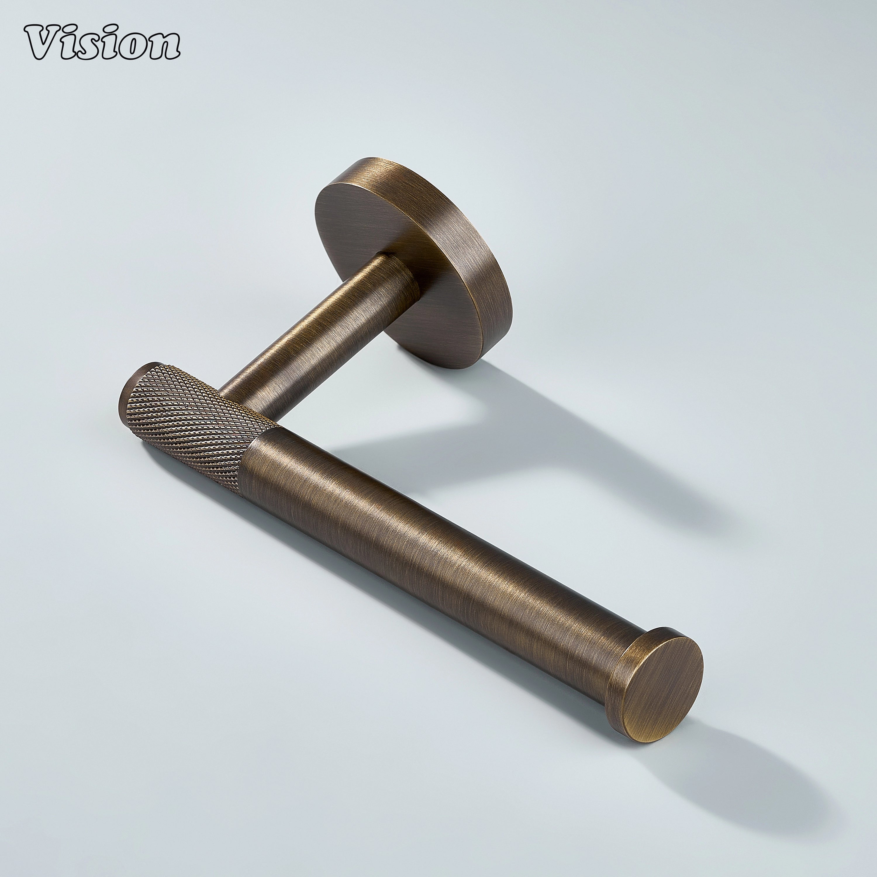 Solid brass toilet paper holder in Antique Bronze with knurled bar detail