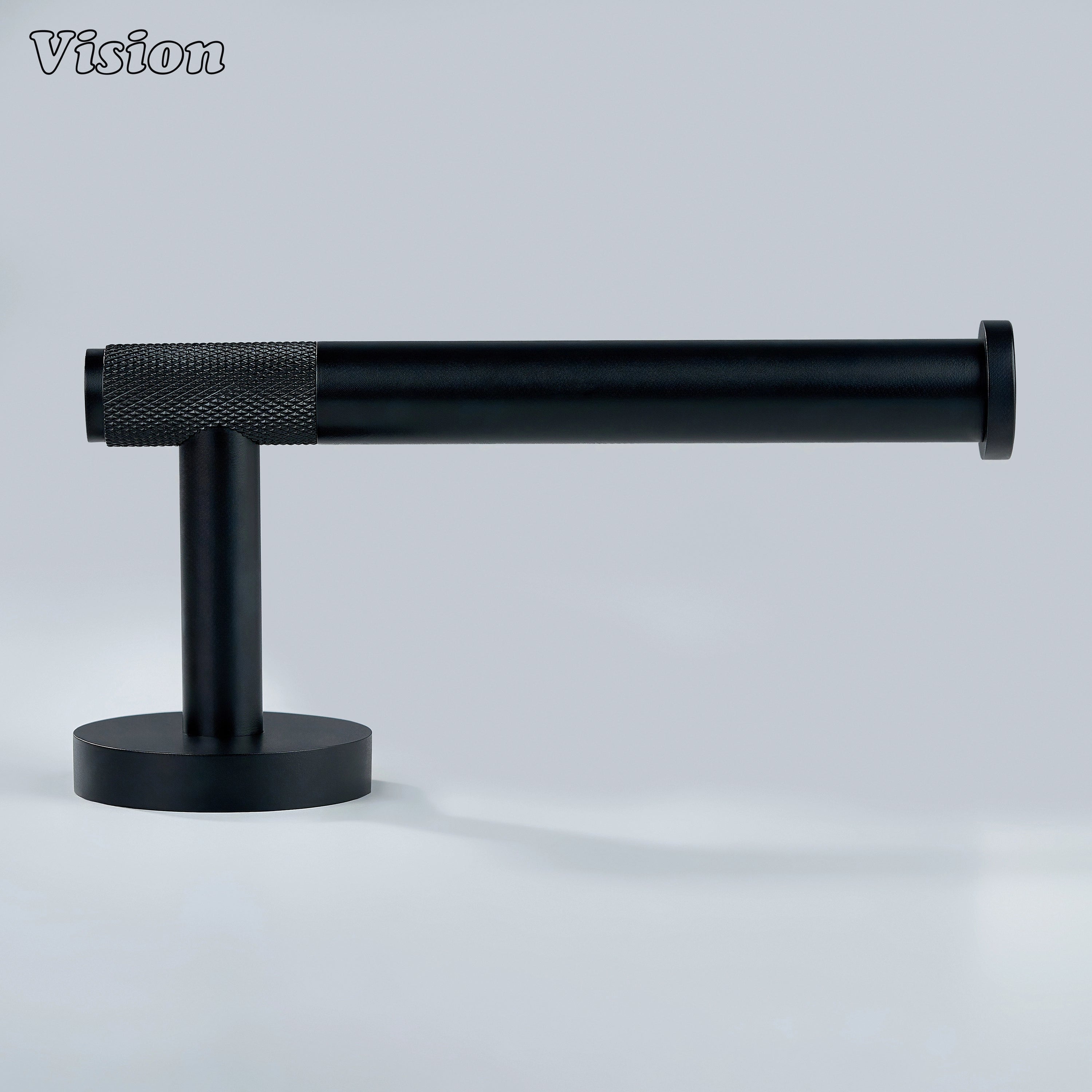 Black knurled brass toilet paper holder featuring cylindrical bar