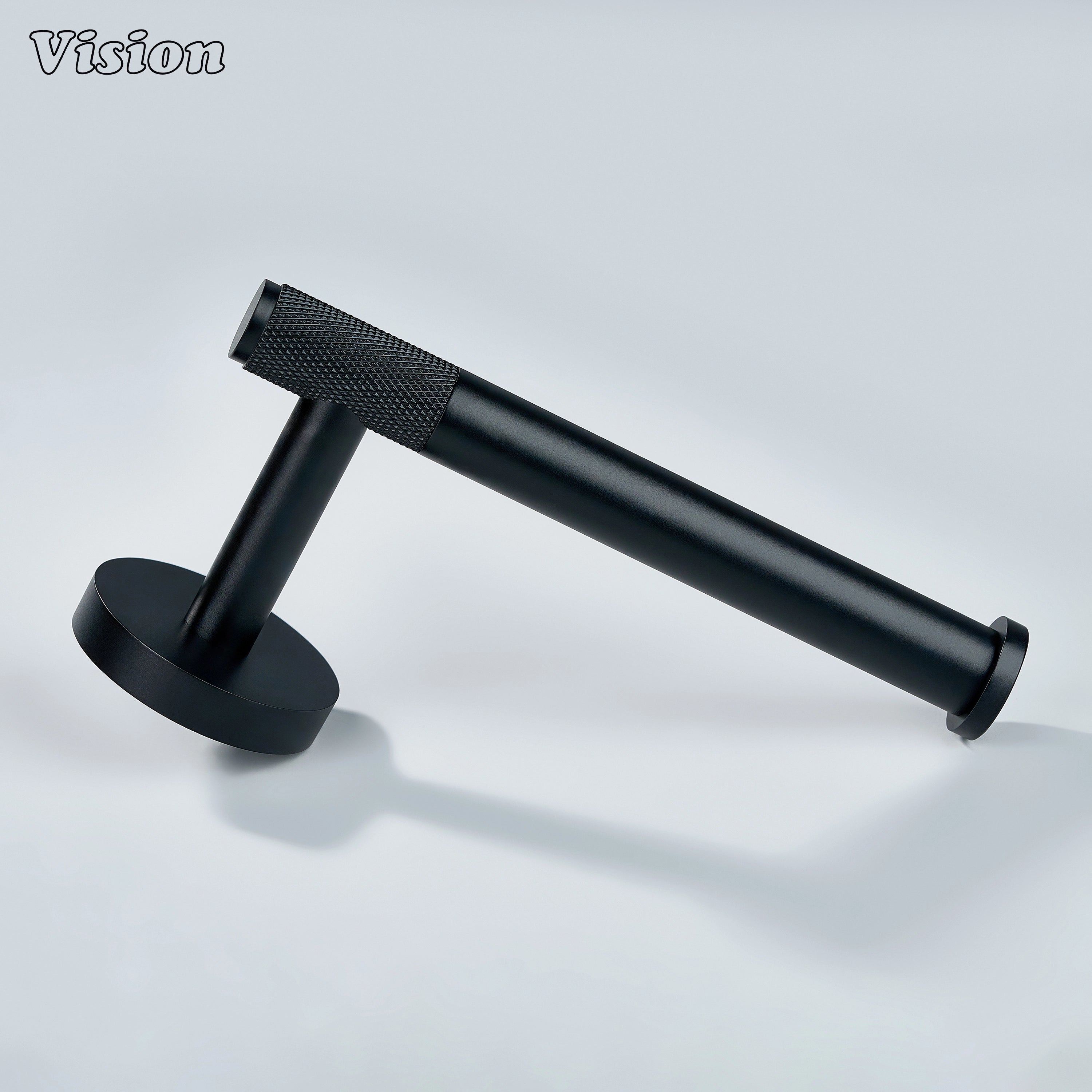 Solid black brass toilet paper holder with knurled bar detail