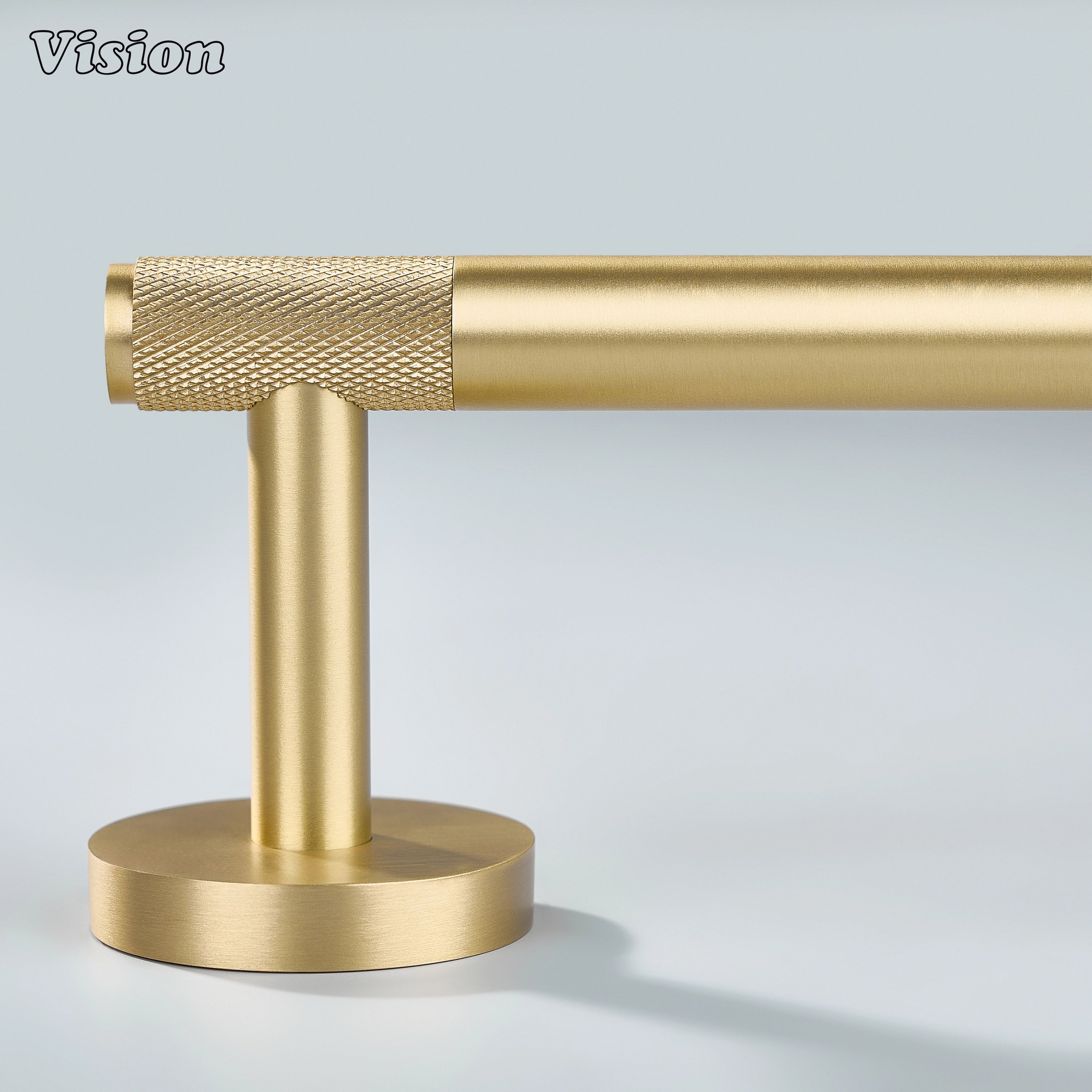 Gold brass toilet paper holder with knurled grip bar for wall installation