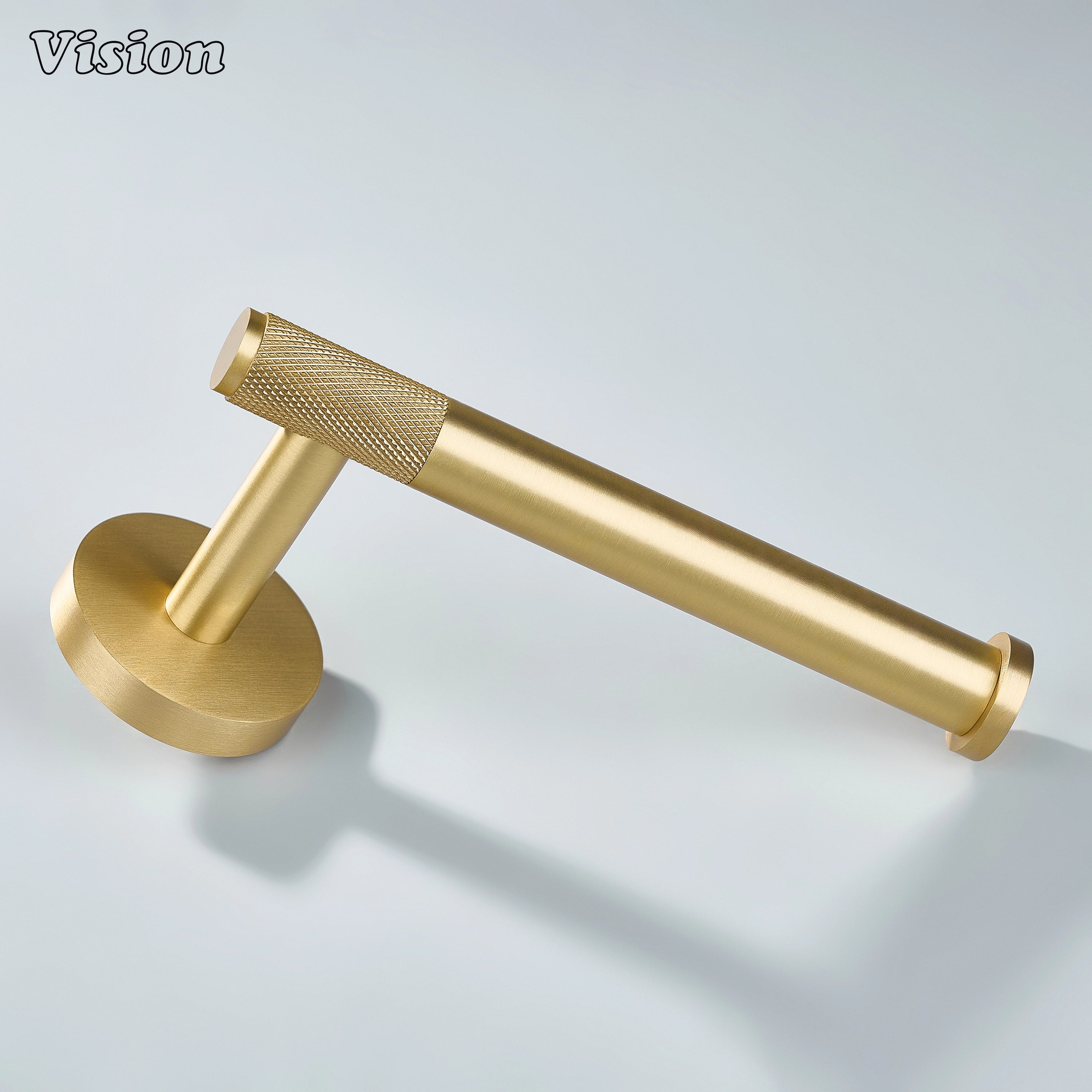 Solid gold brass toilet paper holder with cylindrical bar and round mounting plate