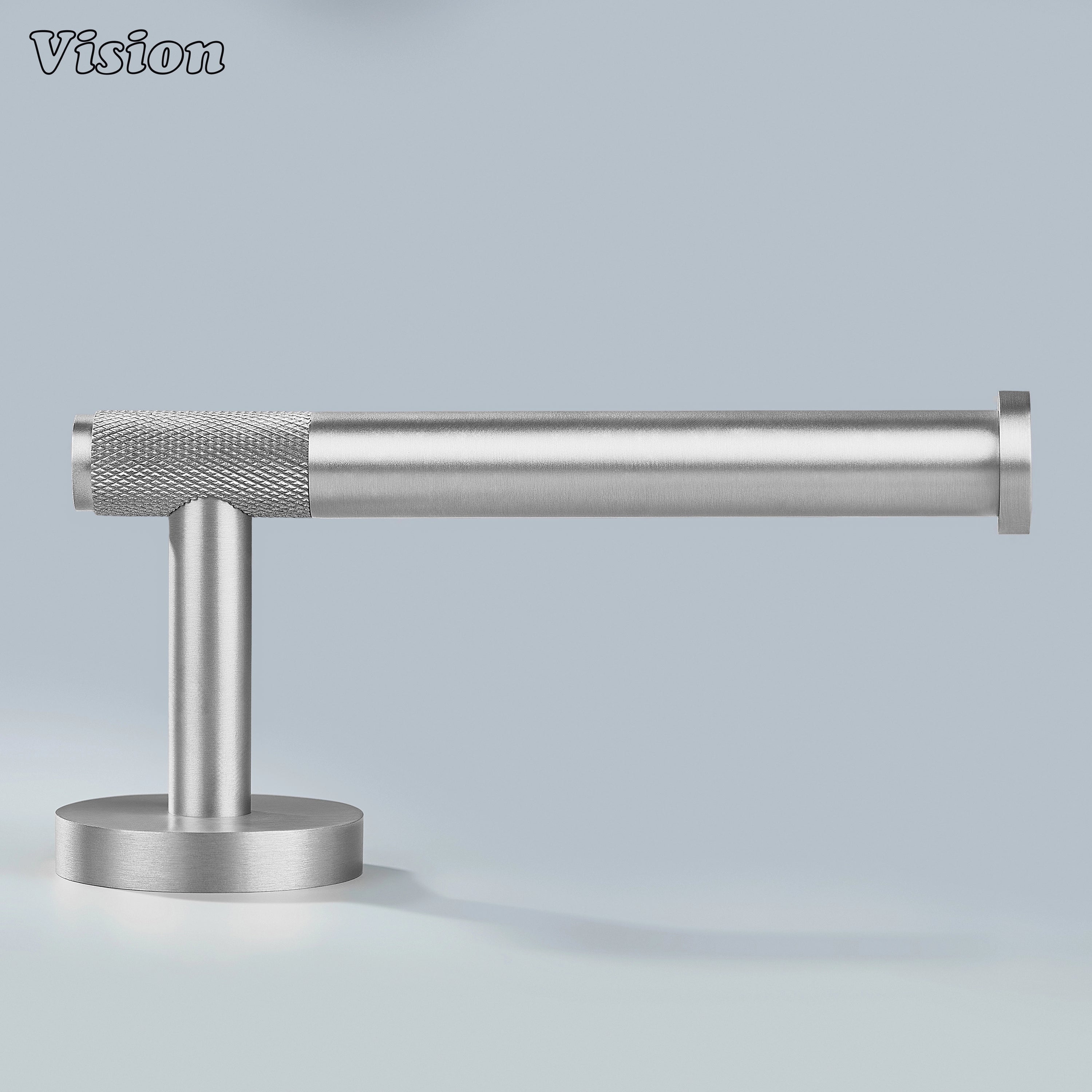 Silver knurled brass toilet paper holder featuring cylindrical bar