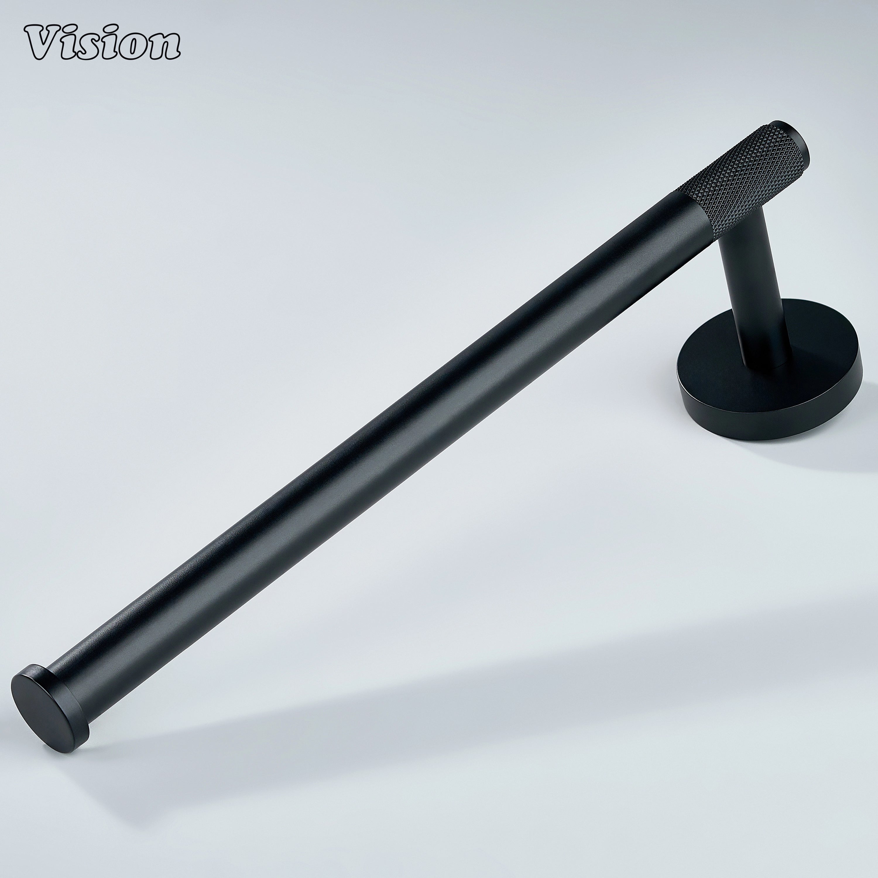 Black brass towel holder with knurled bar and round wall mount for bathrooms