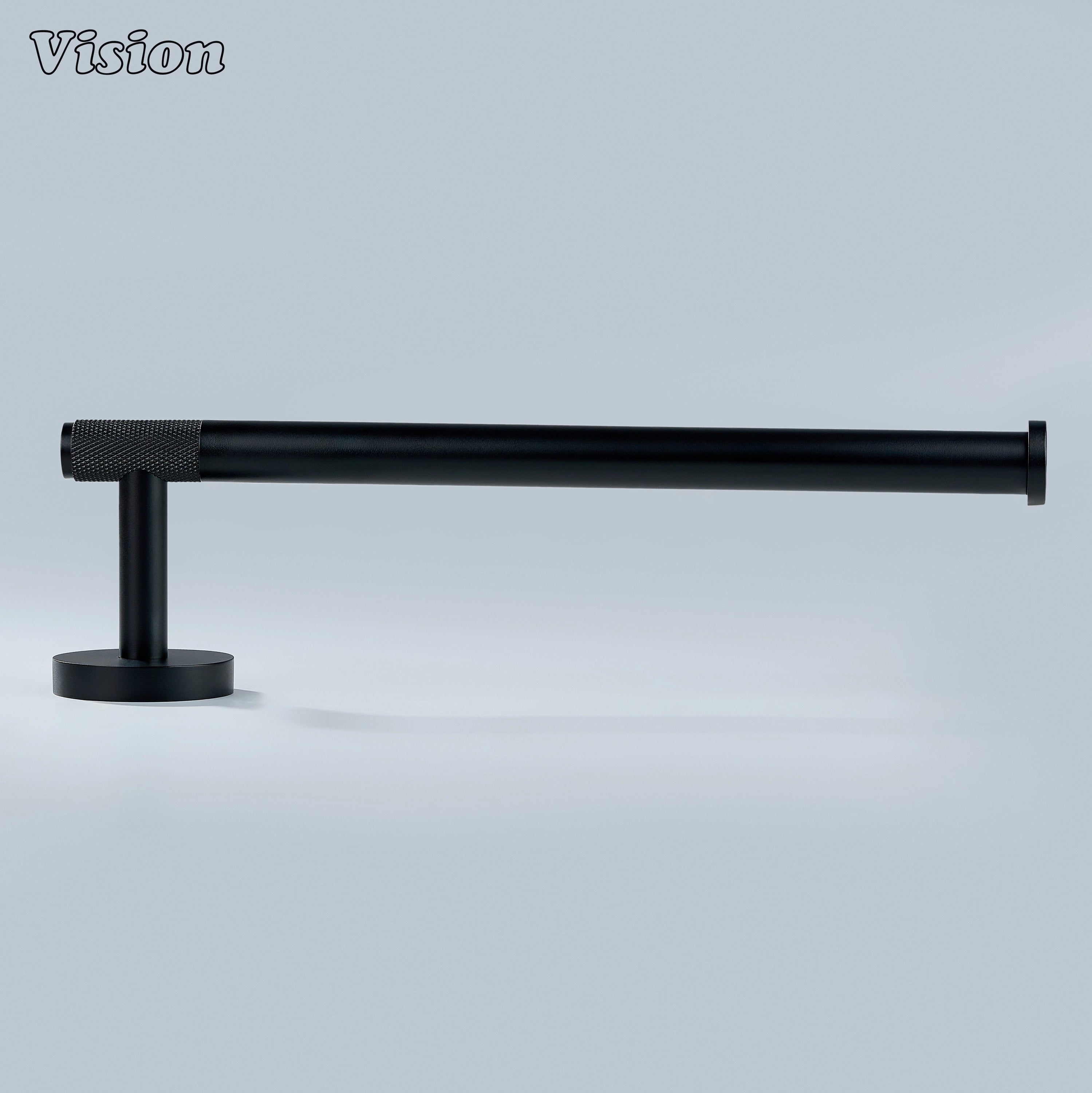 Modern black finish brass towel holder featuring cylindrical knurled bar