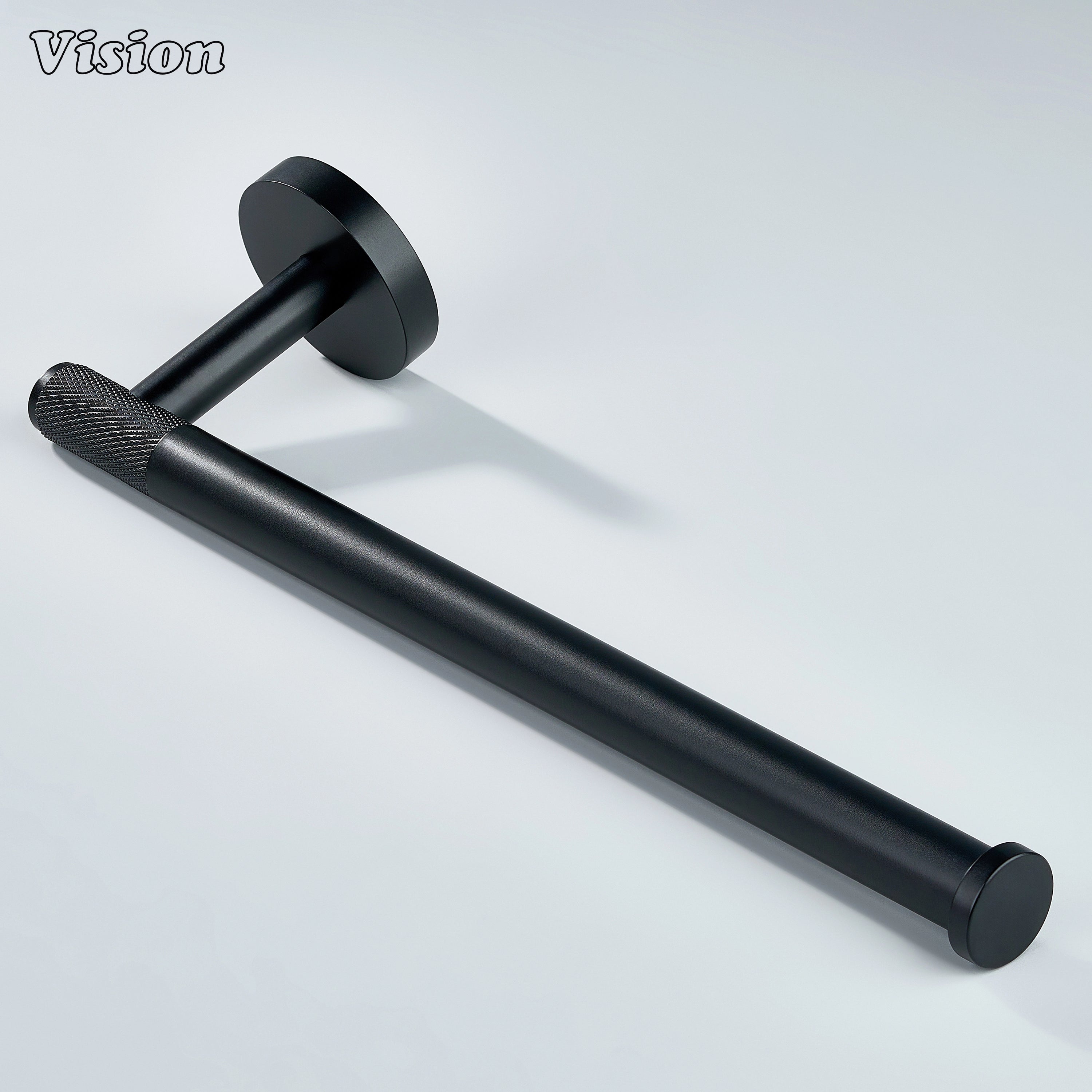 Knurled black brass towel holder with round base for contemporary interiors