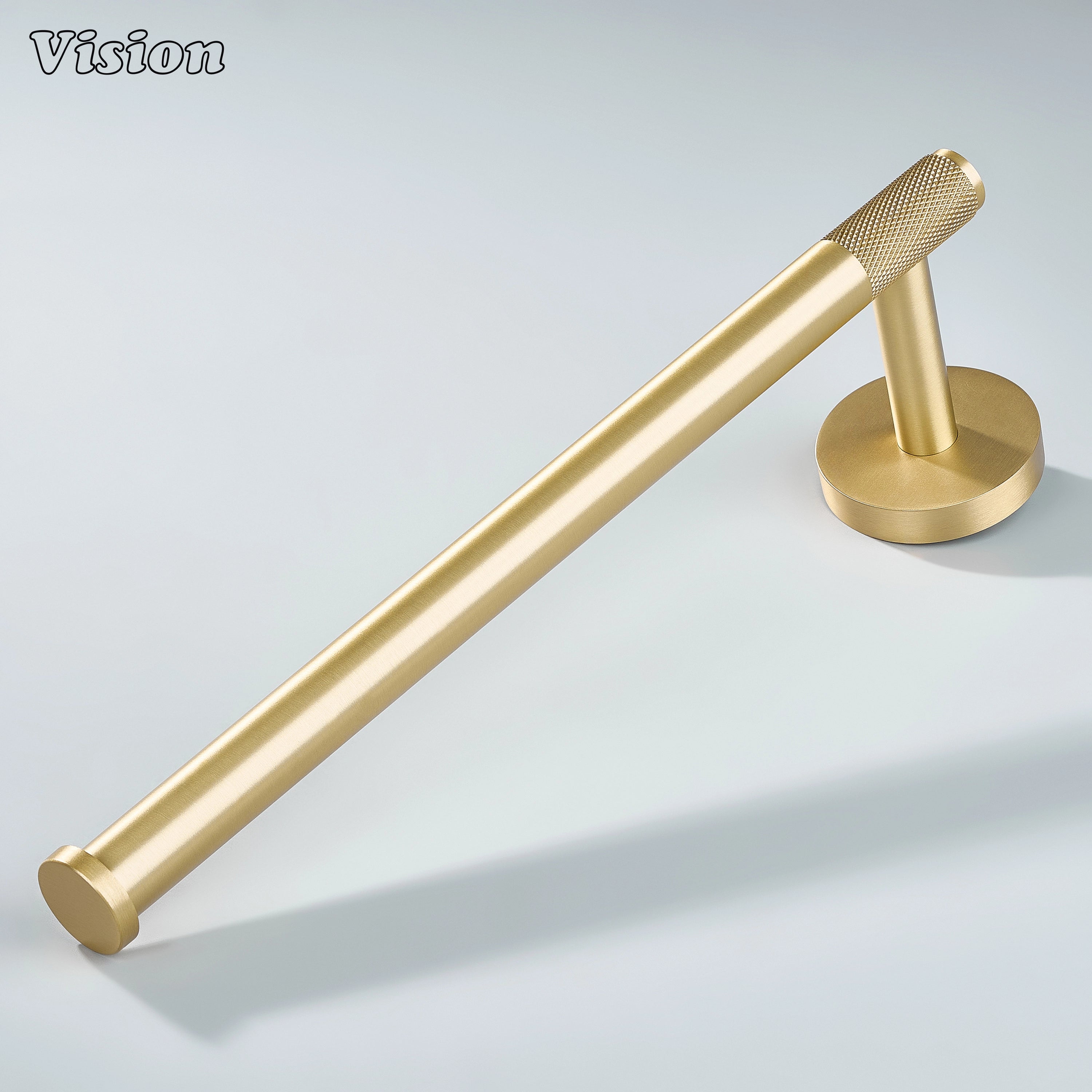 Gold brass towel holder with knurled bar detail and round wall mount for modern bathroom towel hanging