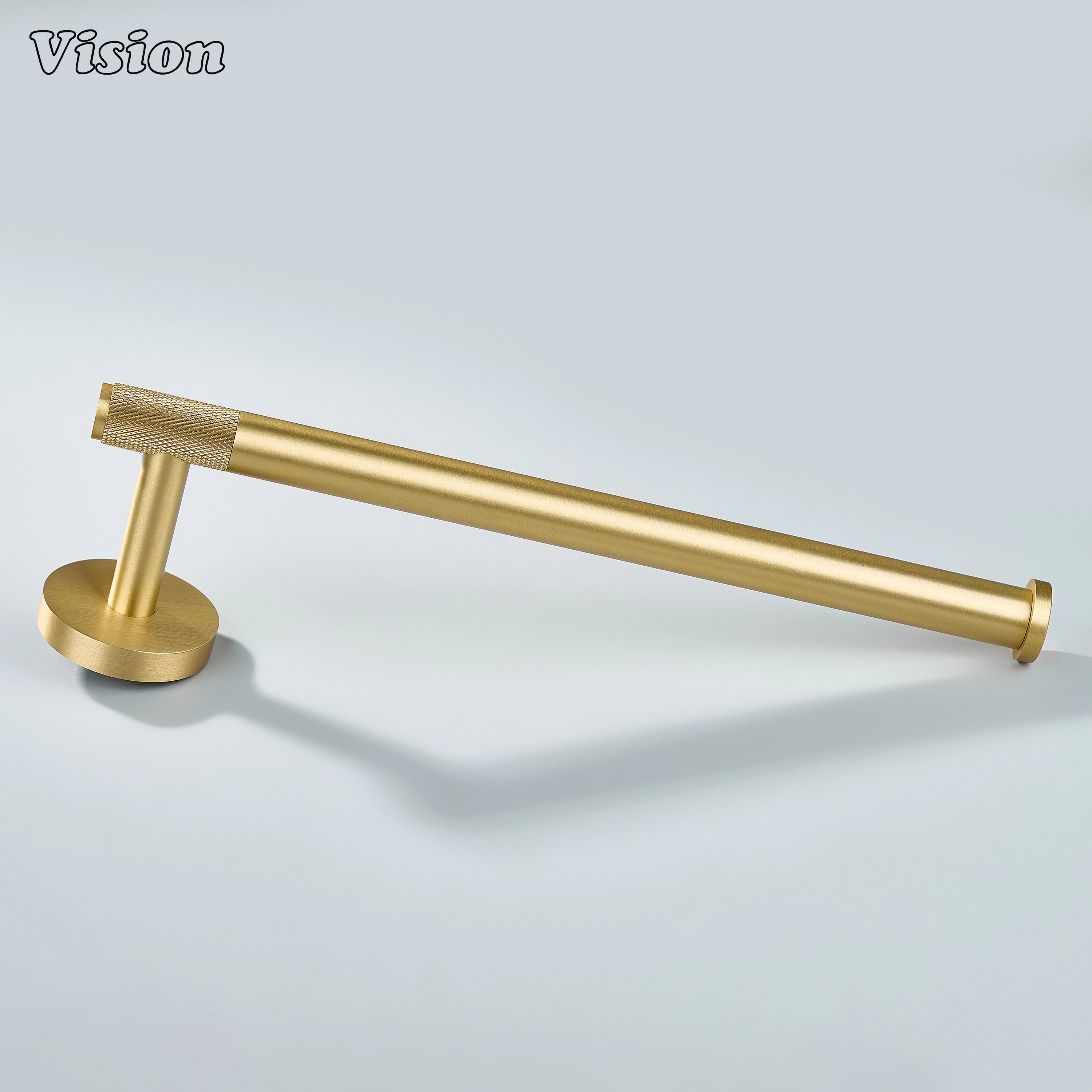 Gold knurled brass towel holder featuring cylindrical bar design for residential bathroom interiors