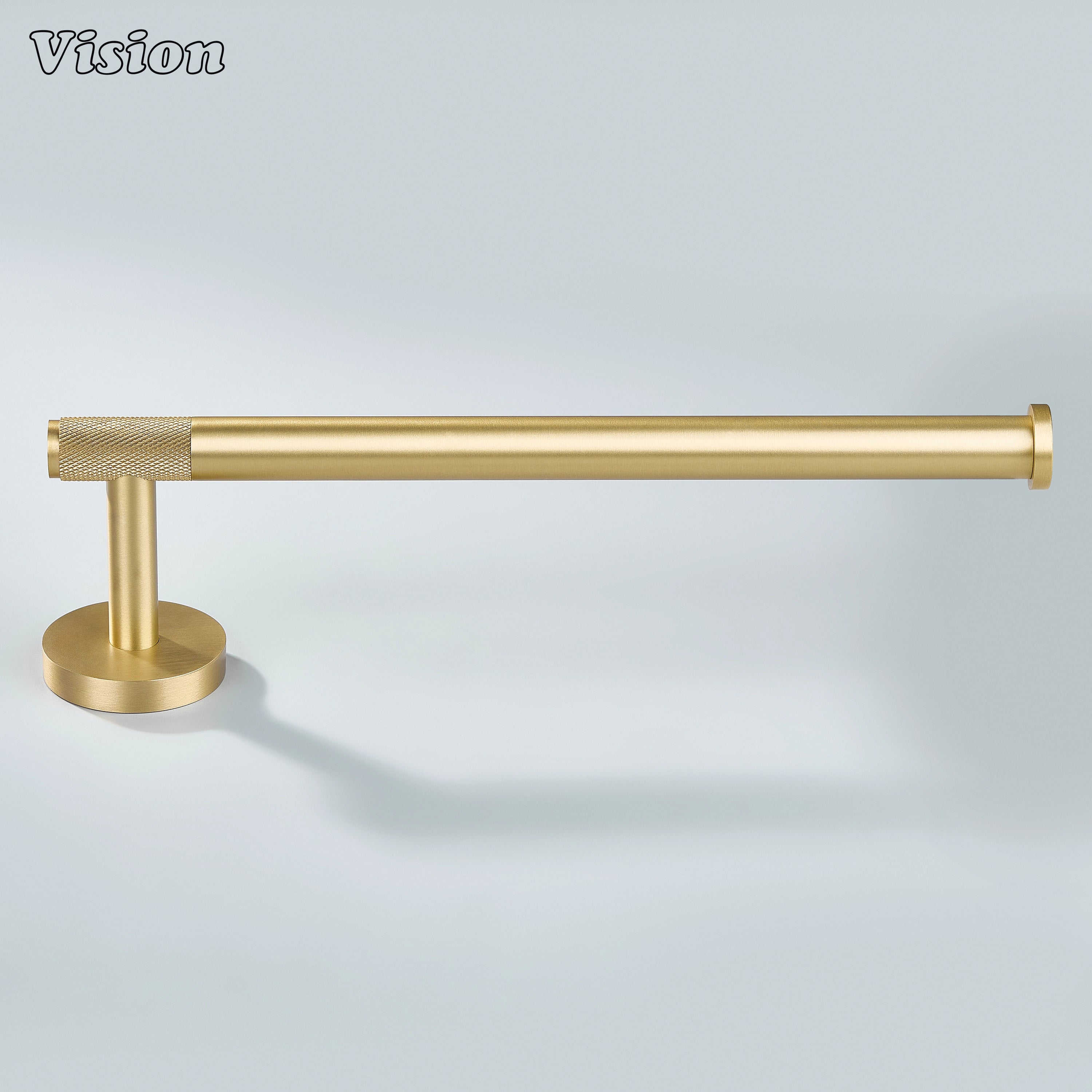 Modern gold brass towel holder with textured grip bar and round base for bathroom walls