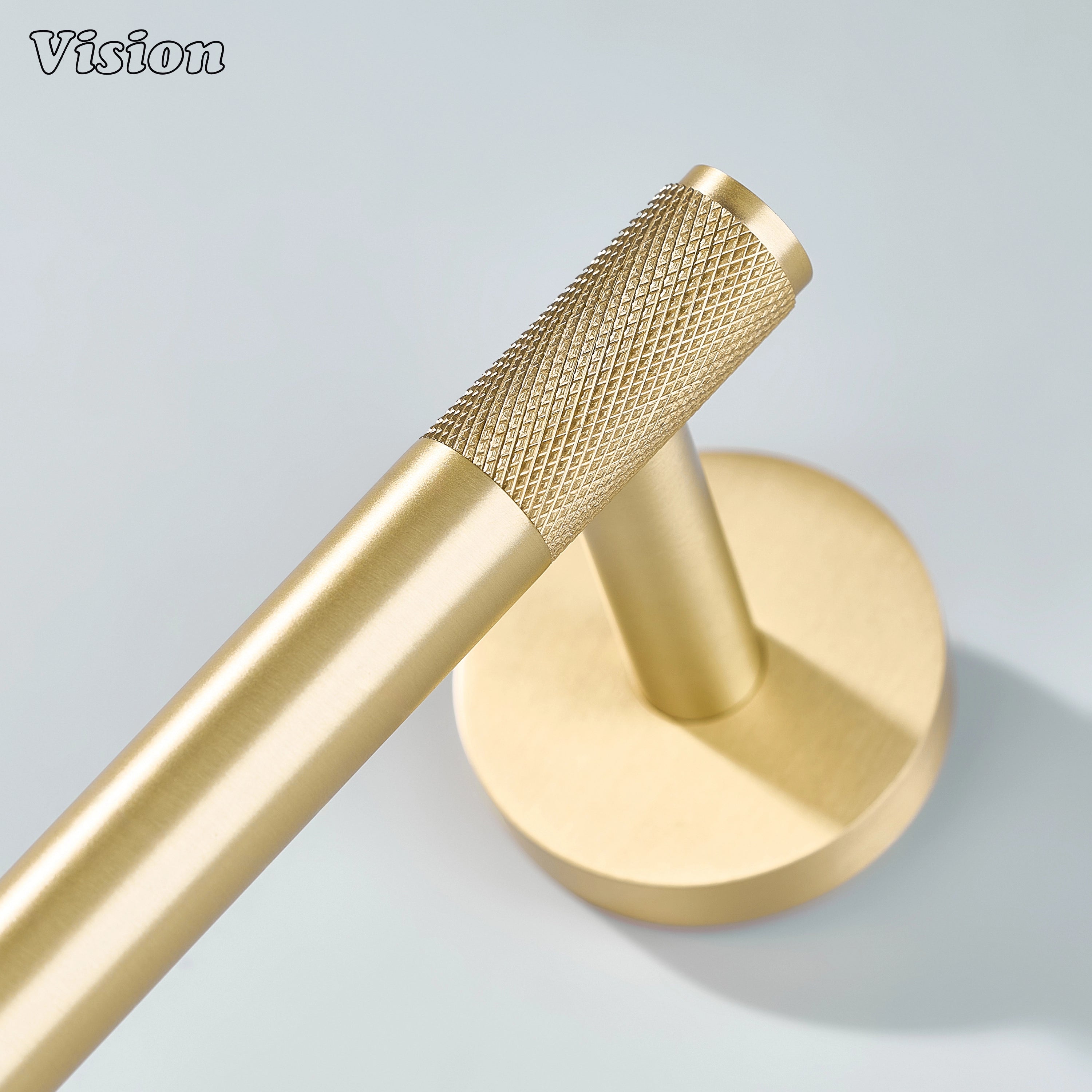 Wall mounted gold brass towel holder with cylindrical bar and knurled grip for bathrooms