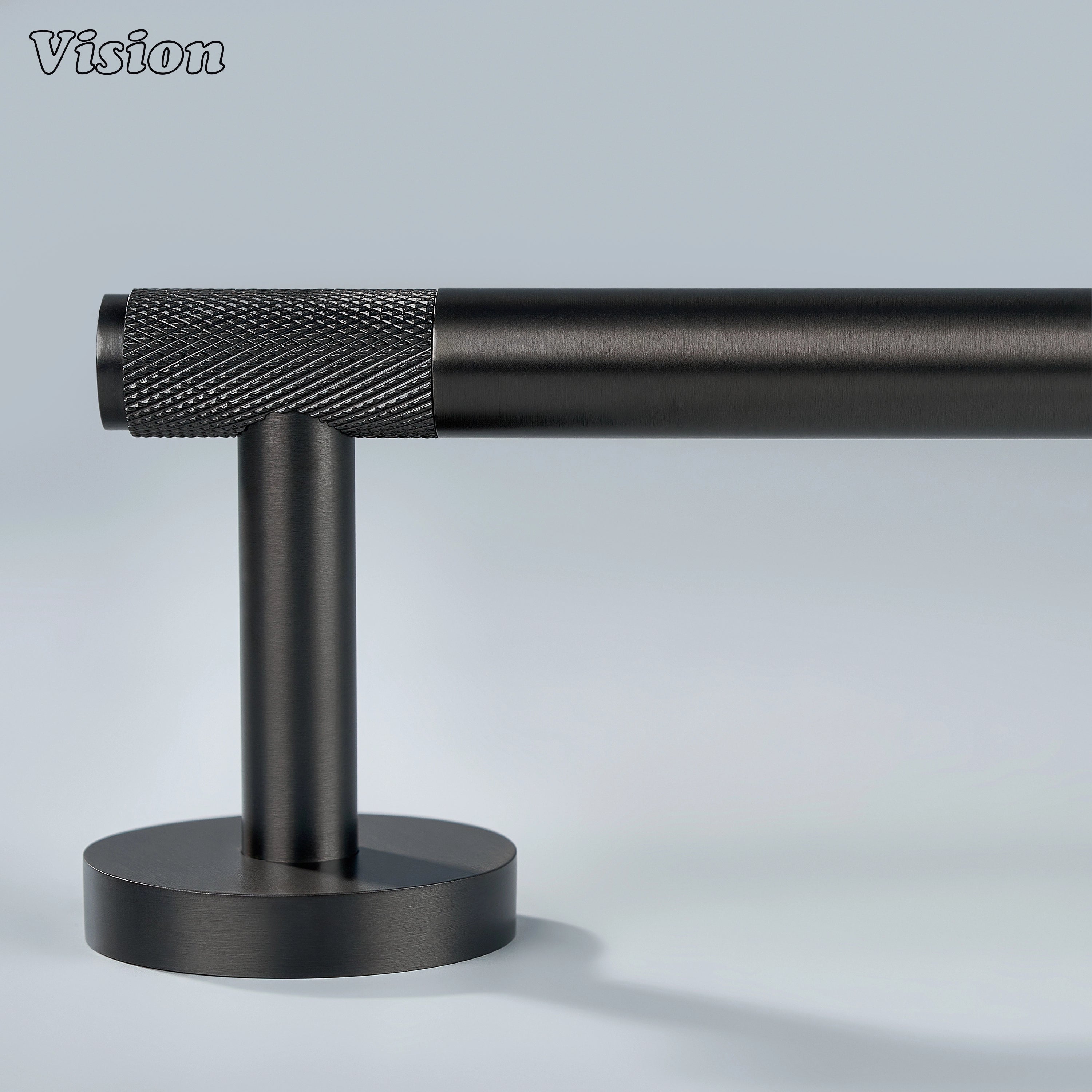 Contemporary gunmetal brass towel holder with round mount and knurled bar
