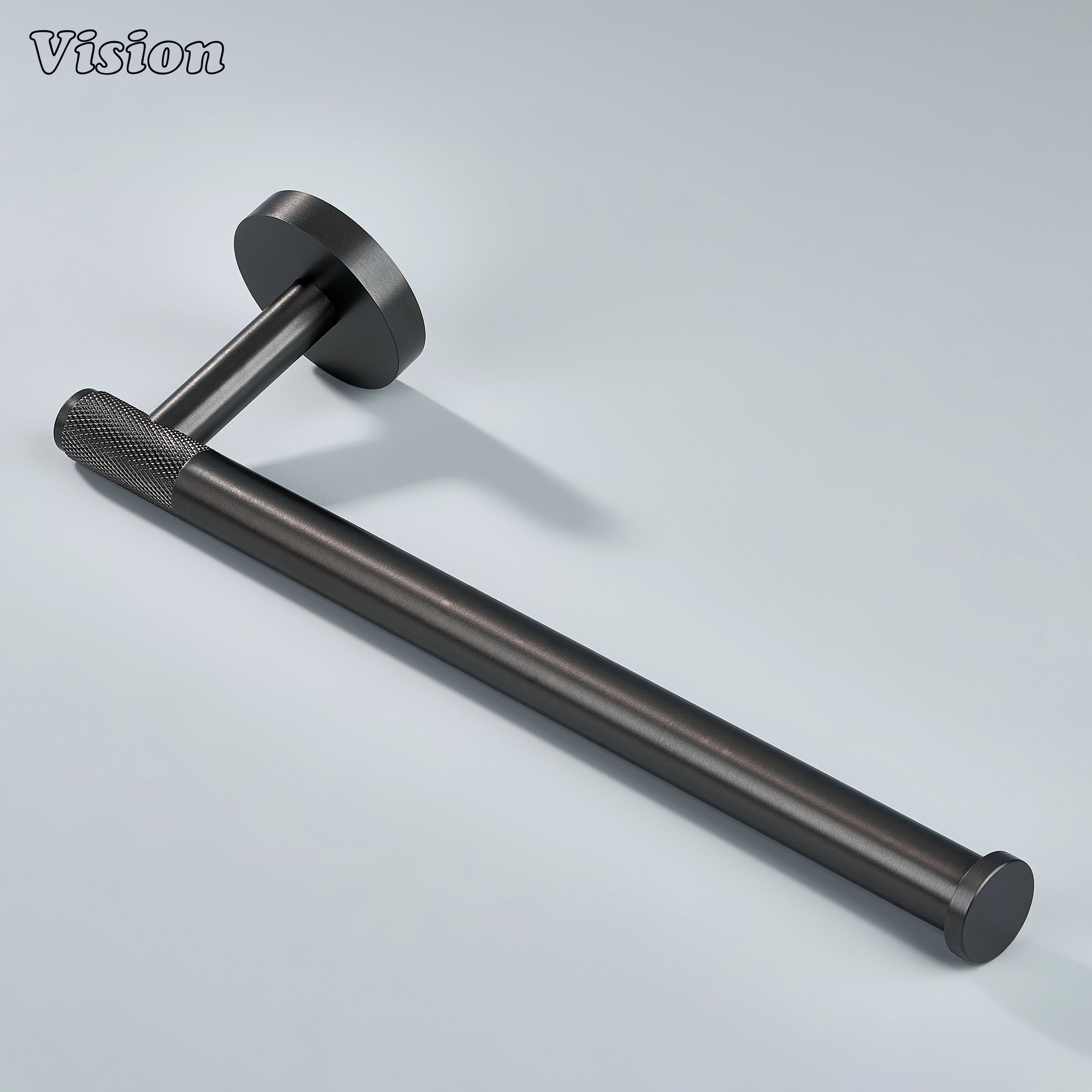 Modern gunmetal brass towel holder featuring cylindrical bar with knurled detail