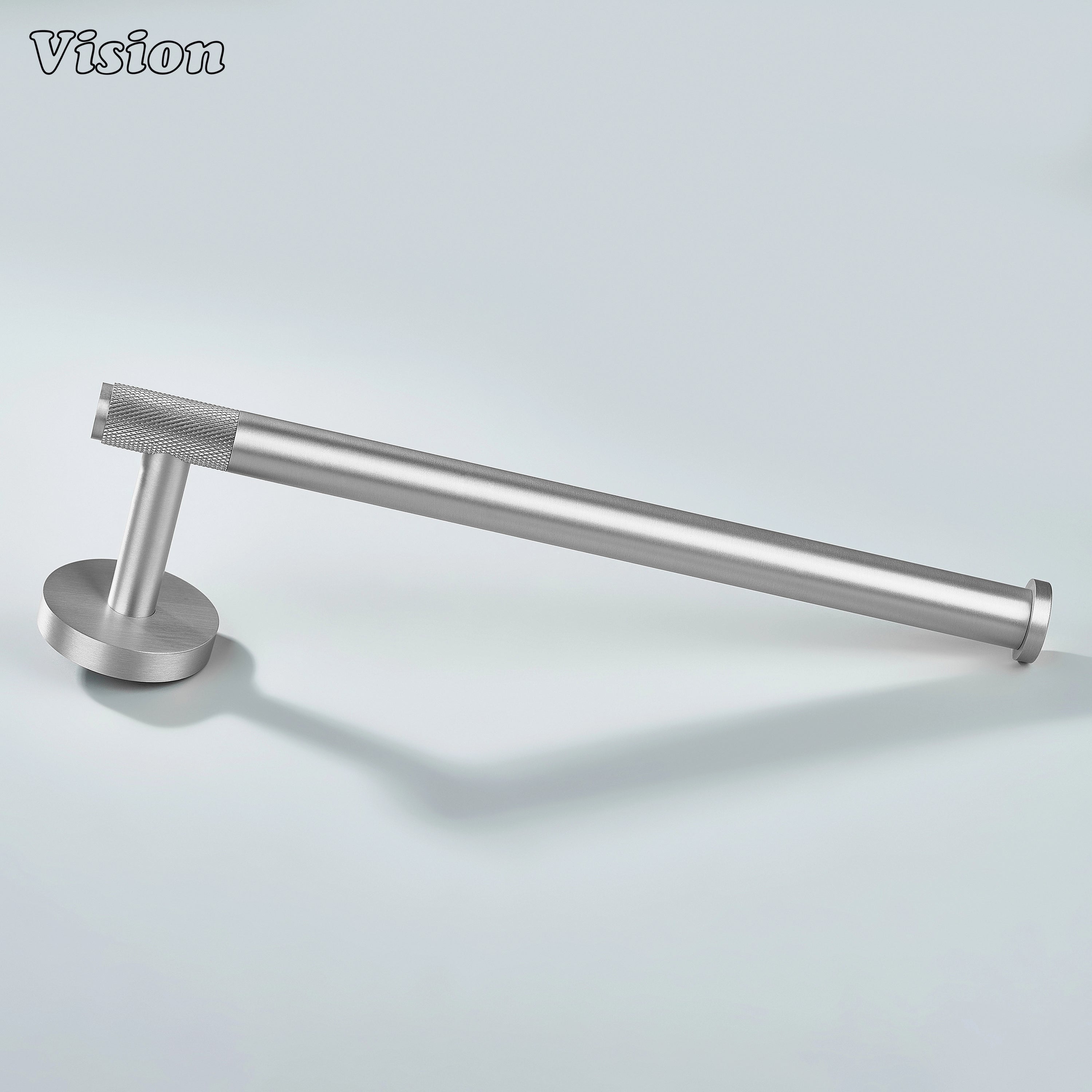 Modern silver finish brass towel holder featuring cylindrical knurled bar