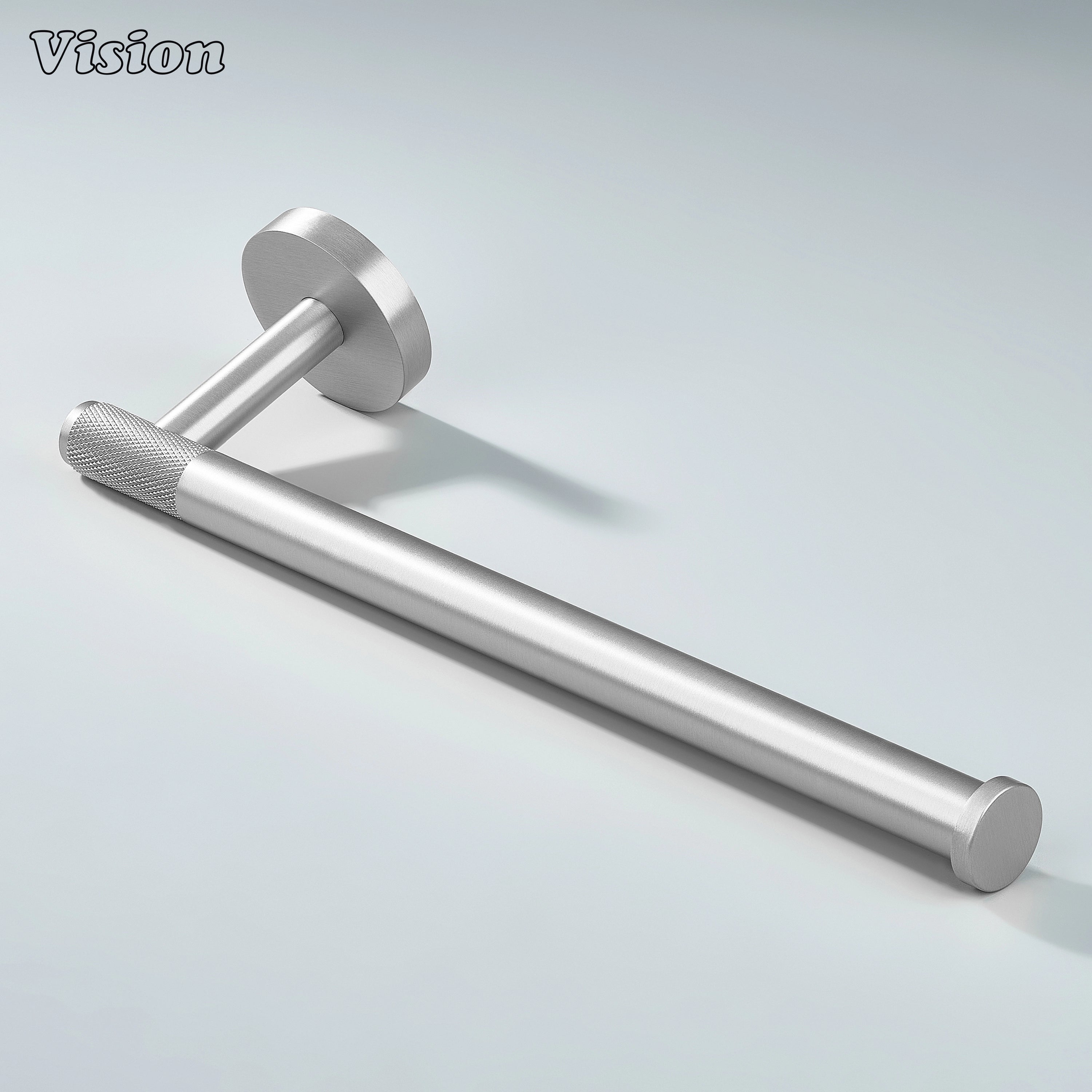 Knurled silver brass towel holder with round base for modern interiors
