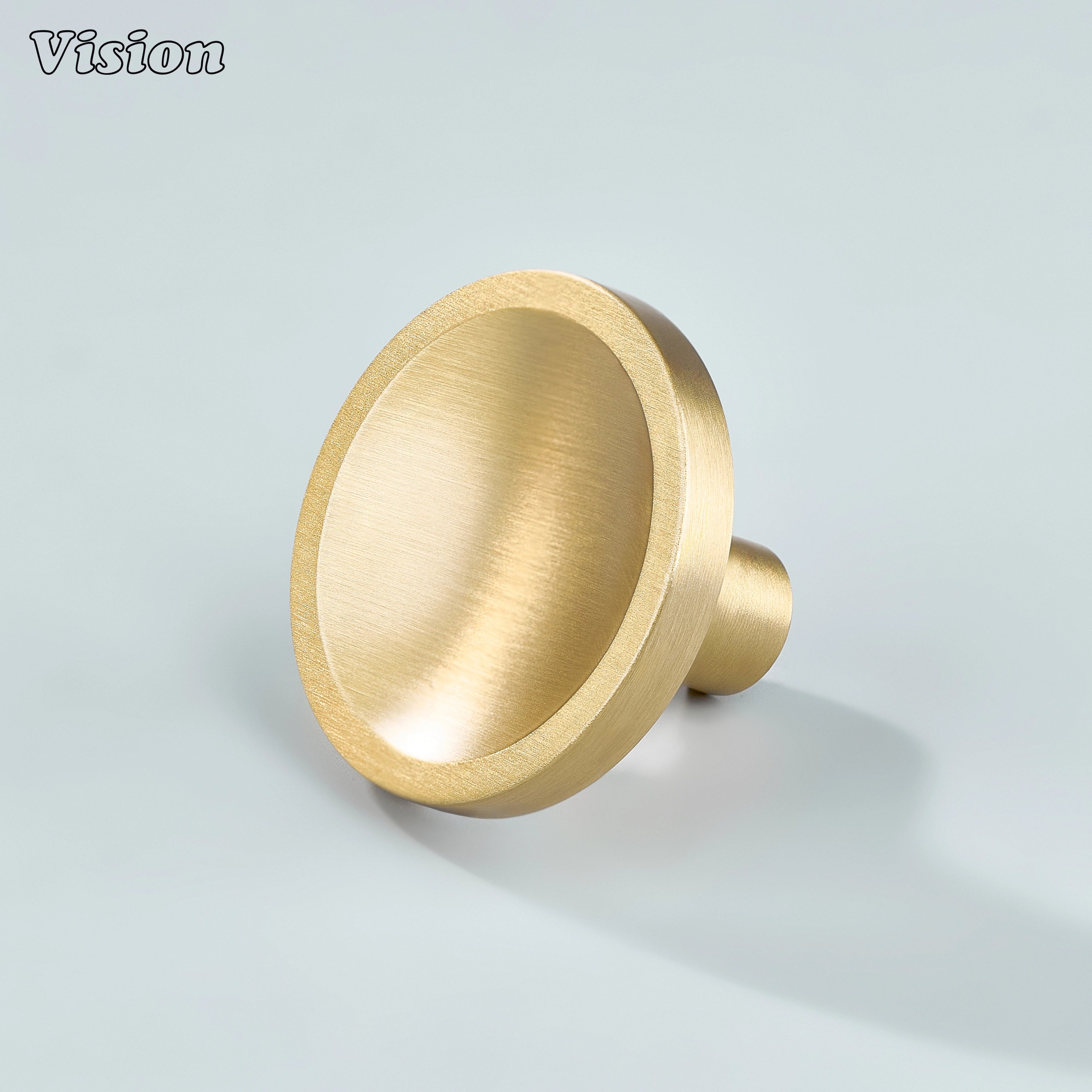 Gold round cabinet knob with inner beveled dish design in solid brass for kitchen cabinets and drawers