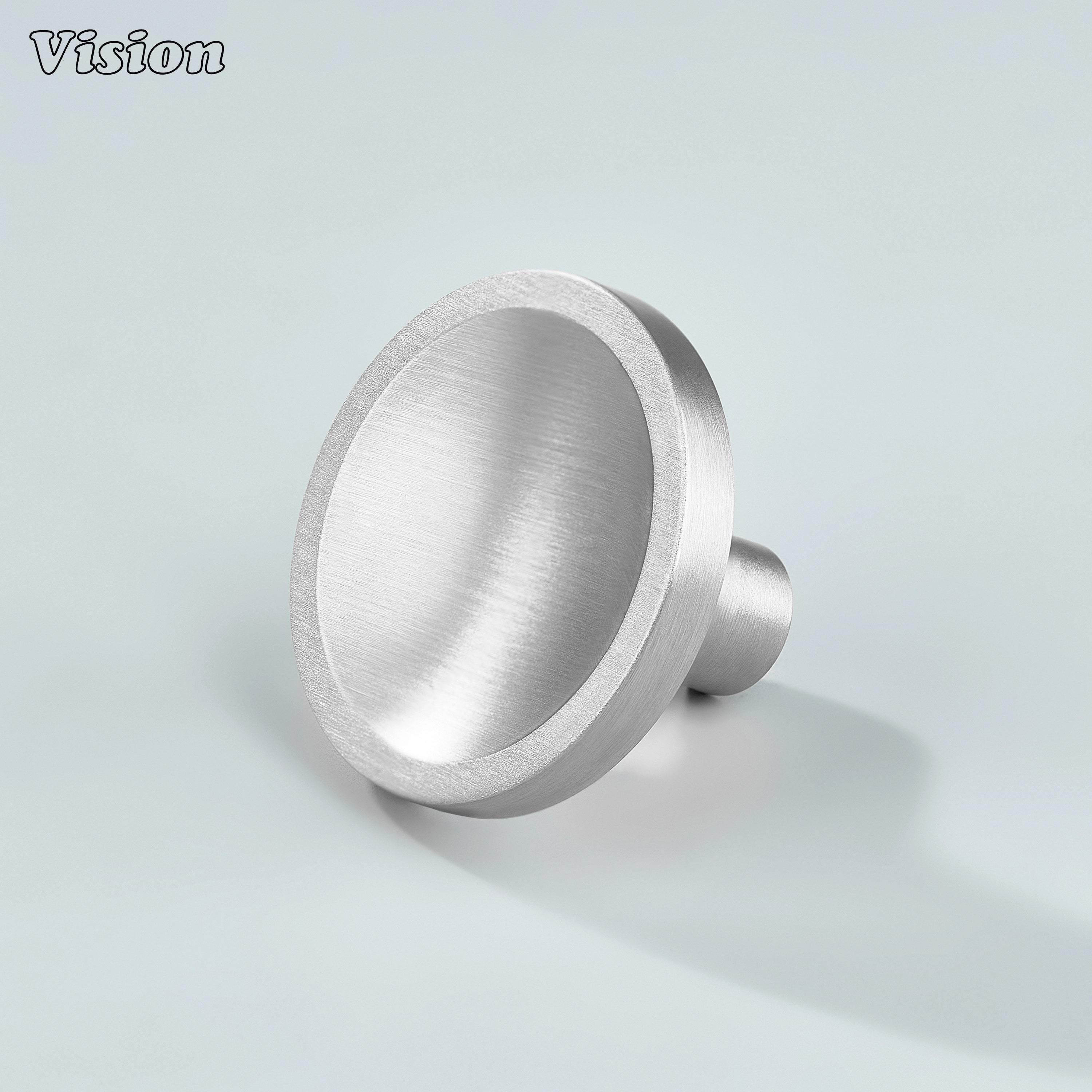 Silver round cabinet knob with inner beveled dish design for kitchen cabinets