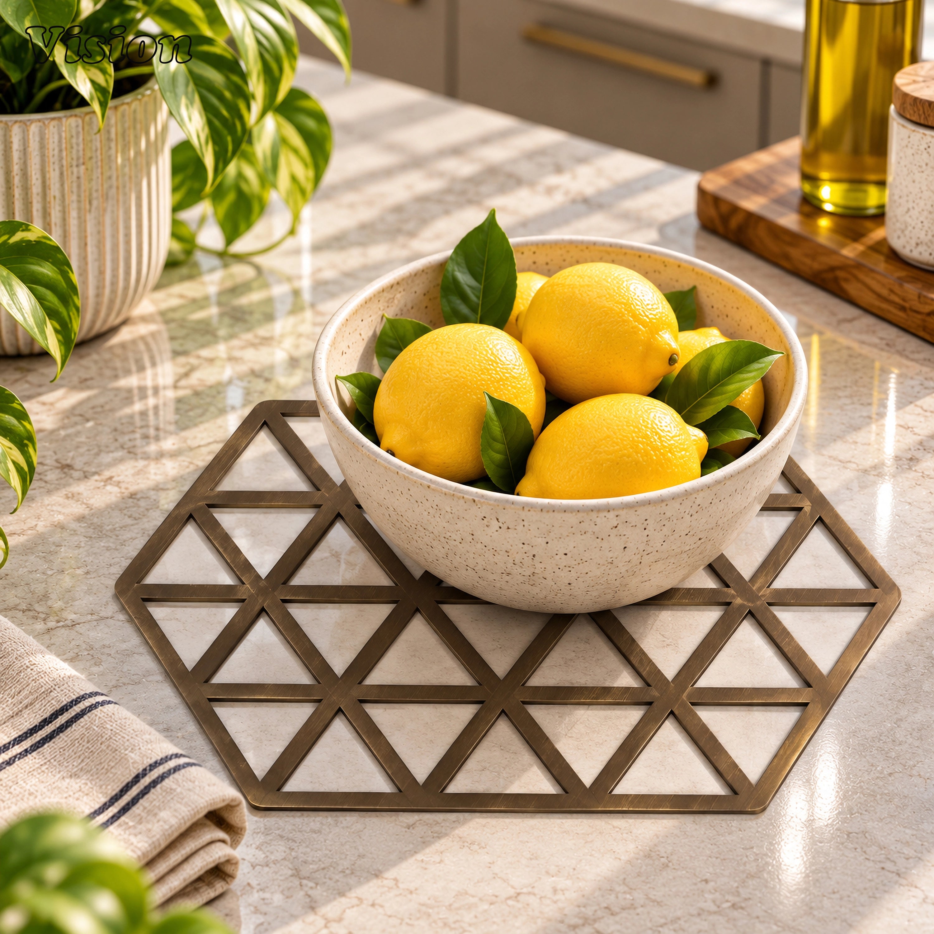 Hexagonal antique bronze tabletop coaster featuring a geometric open lattice on a wooden bar cart