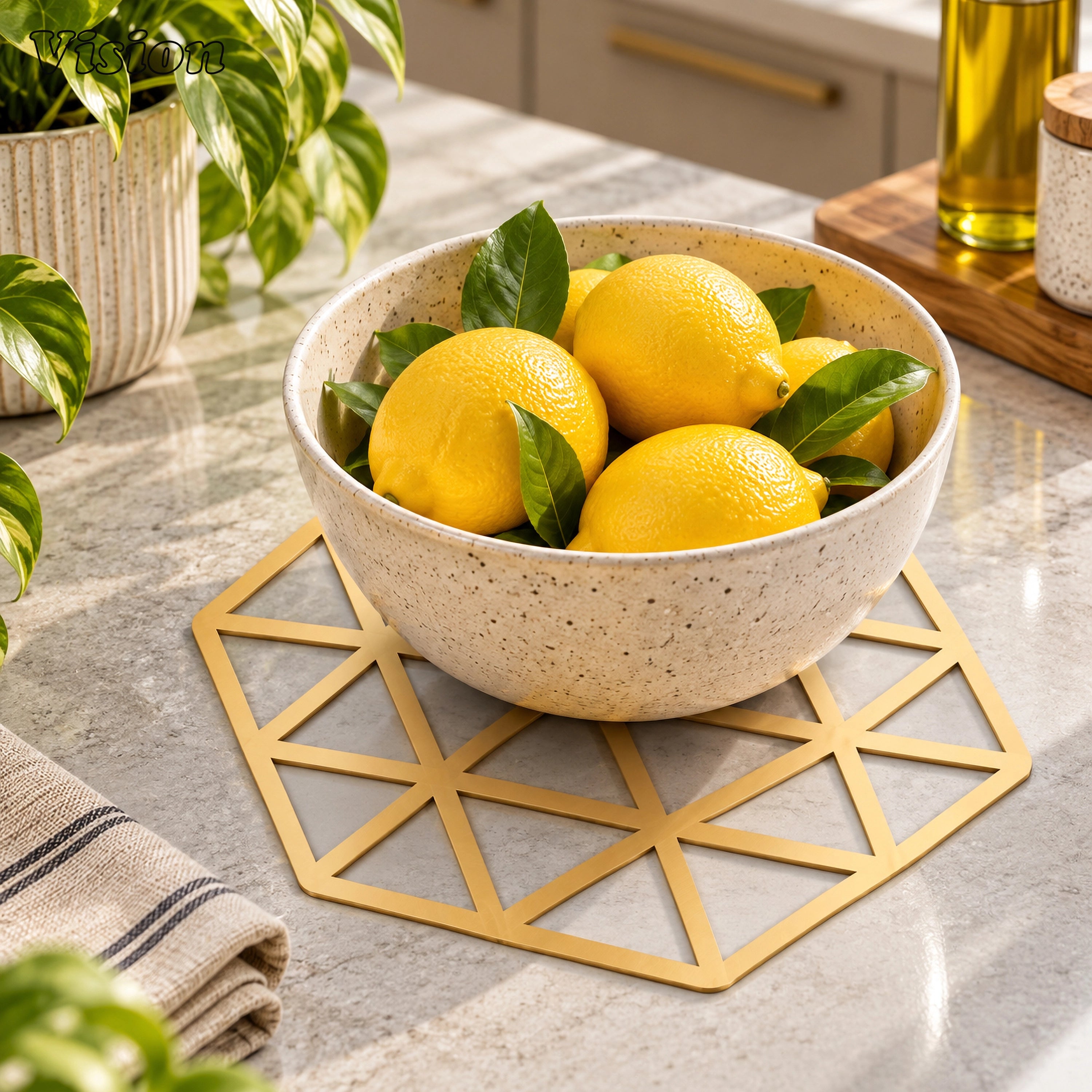 Hexagonal gold tabletop coaster featuring a geometric open lattice on a luxury wooden bar cart