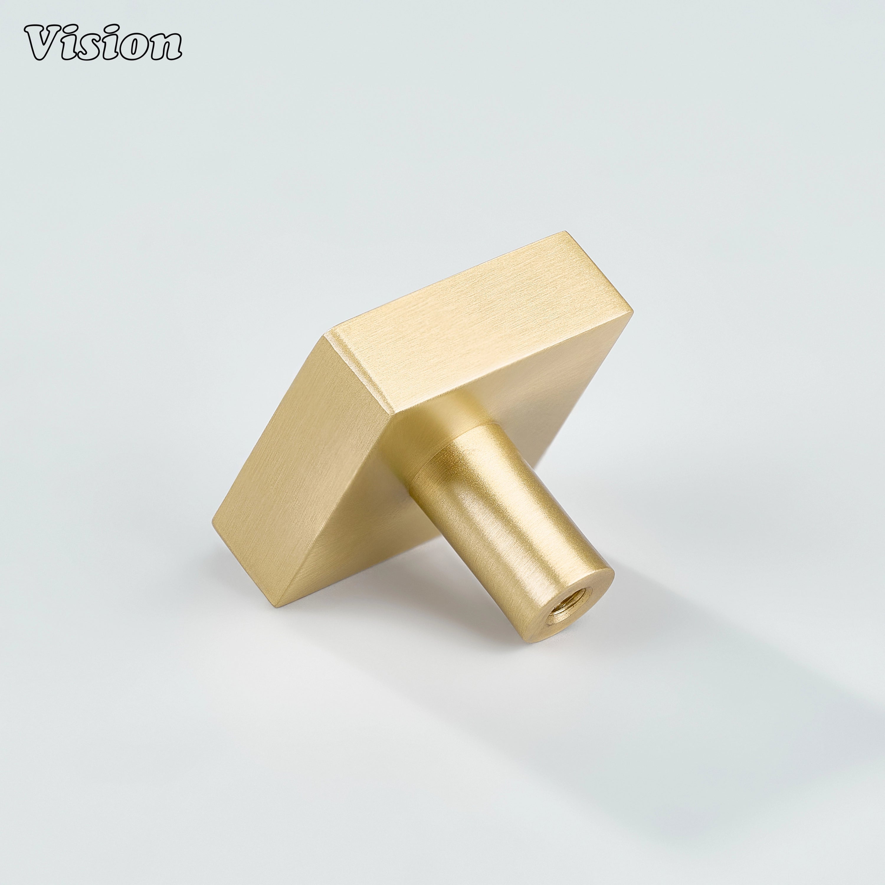 Gold square cabinet knob with flat profile and round stem for contemporary furniture